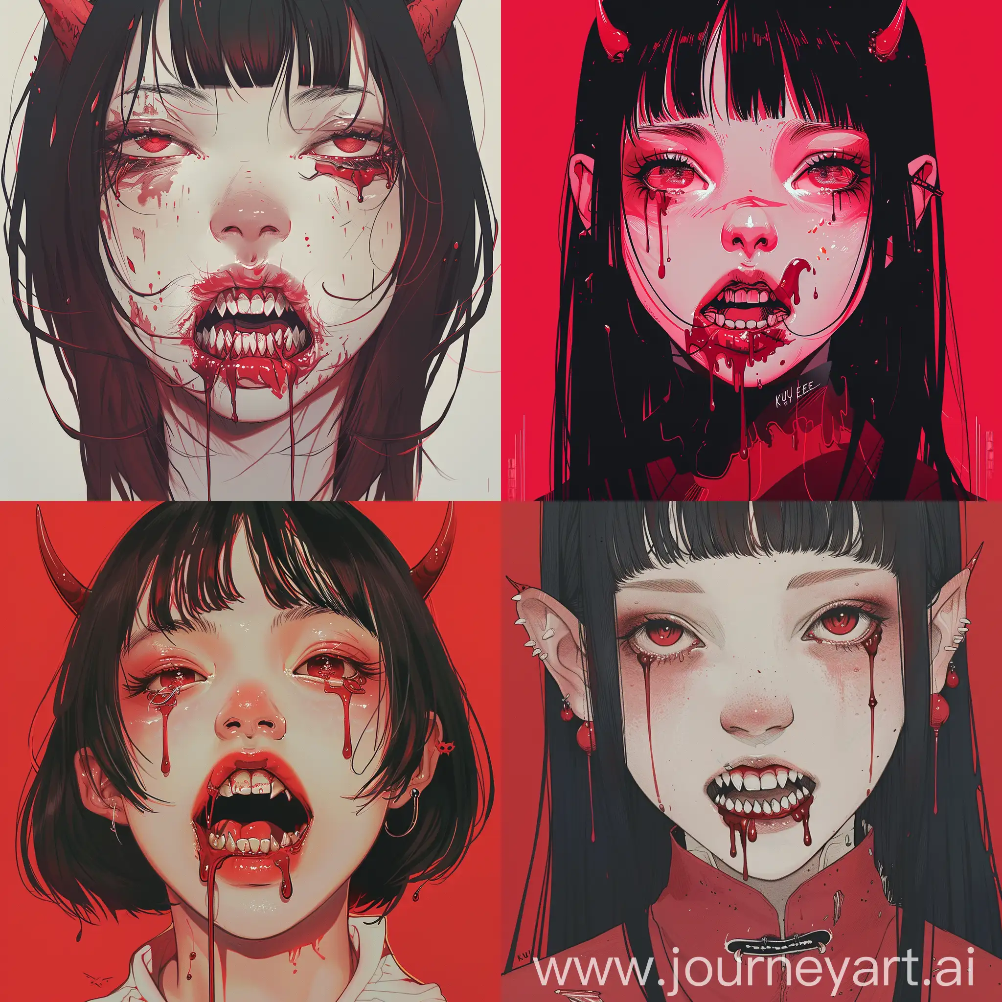 Illustration of a anime girl with scary teeth, crimson liquid dripping out of her mouth, crazy, madness, small red horns, red tones, art, illustration by Kyutae Lee