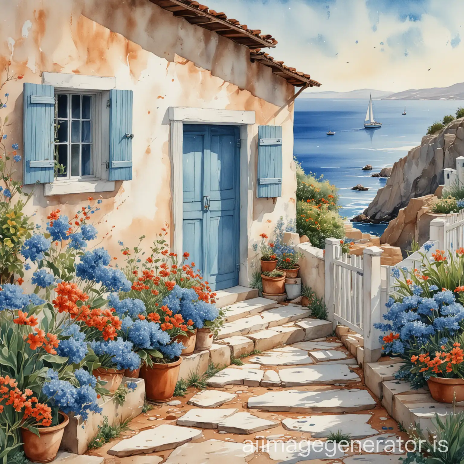 A captivating watercolor illustration of a quaint Greek house by the coast, showcasing the timeless white and blue color scheme. The house is adorned with vibrant flowers, rustic wooden shutters, and terra cotta pots, adding to its charm. In the foreground, a worn stone path with small pebbles leads to the entrance, inviting you to explore. In the distance, the sea shimmers under the warm hues of the sky, with a small sailboat gently navigating the gentle waves. The overall atmosphere of the illustration is serene and tranquil, evoking a sense of vacation and relaxation.
