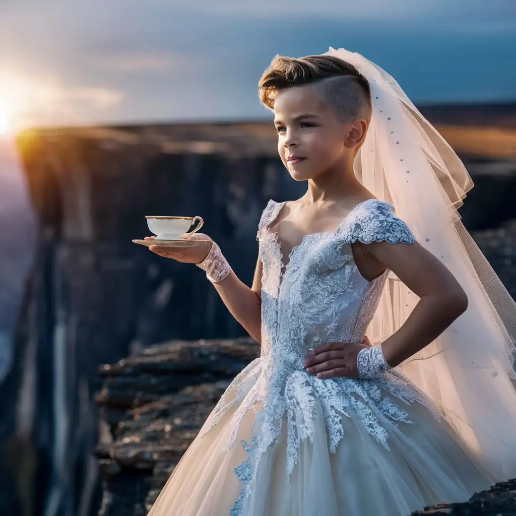 ((Gender role reversal))), photograph of a beautiful, gorgeous, transgender caucasian 10-year-old boy with short smart wavy hair shaved on the sides, dressed in a bridal gown and veil, the boy is standing boldly on a cliff edge with one foot on a rock, holding a cup and saucer, looking out heroically
