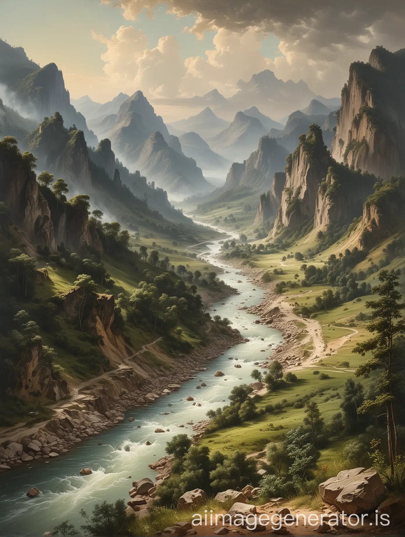 A landscape of  mountain view with river beneath it