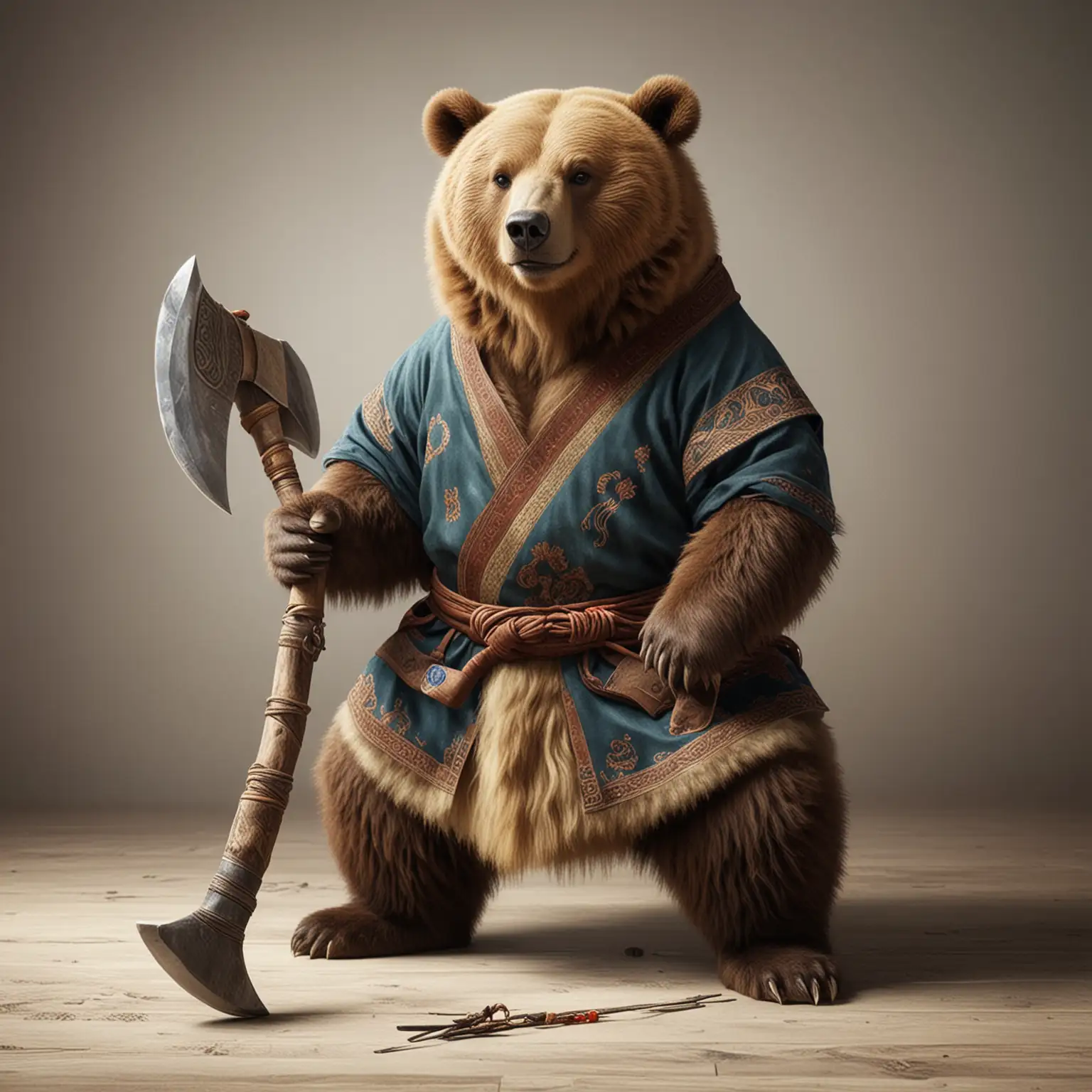 реалистичный  медведь  в одежде монгольца-чингисхана с топором у которого большое лезвие  в полный рост стоит на полу