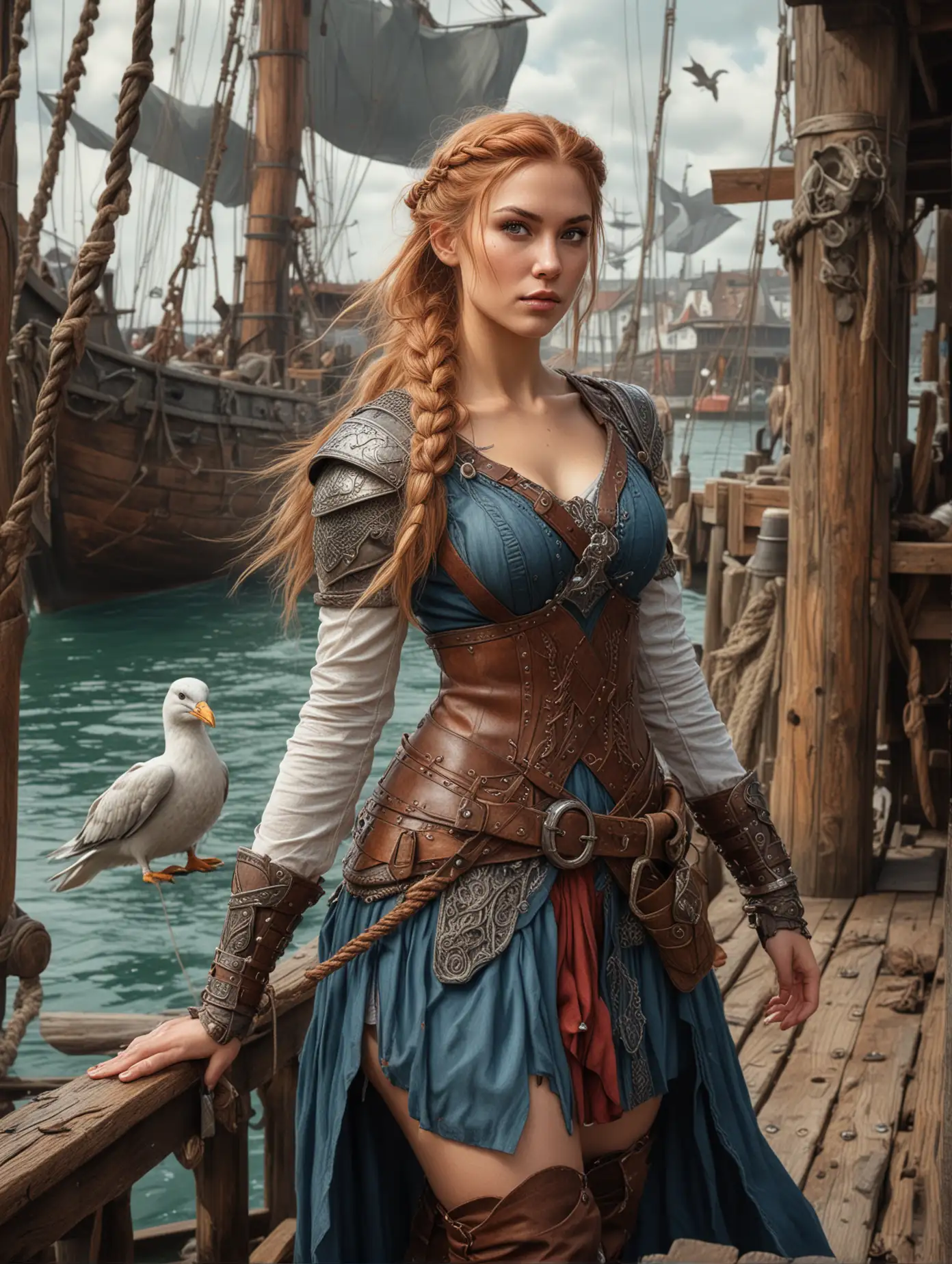 Highly detailed colored pencil sketch drawing of a beauty european woman in cosplay as viking's warrior with braided hair, her head were covered with viking's helmet and sword was in her hand, standing in dynamic action pose on the old wooden ship's deck, with seagulls flying around her, fetai pose, full body view, intricate details, sharp focus, matte colorful organic shape, masterpiece art, high resolution, concept art