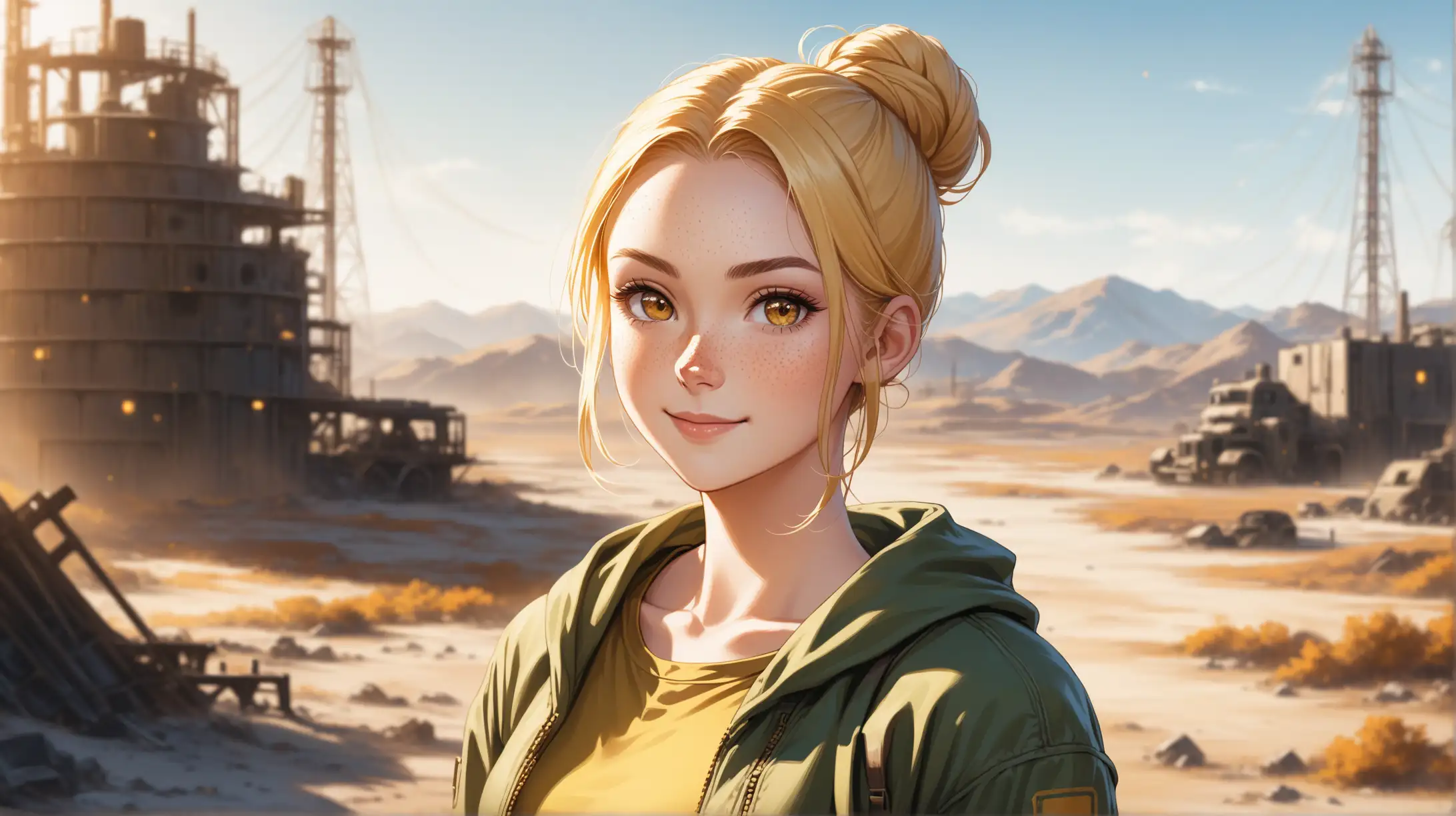 Draw a young woman, long blonde hair in a bun, gold eyes, freckles, perky figure,
outfit inspired from the Fallout series, high quality, long shot, outdoors, confident pose, natural lighting, smiling at the viewer
