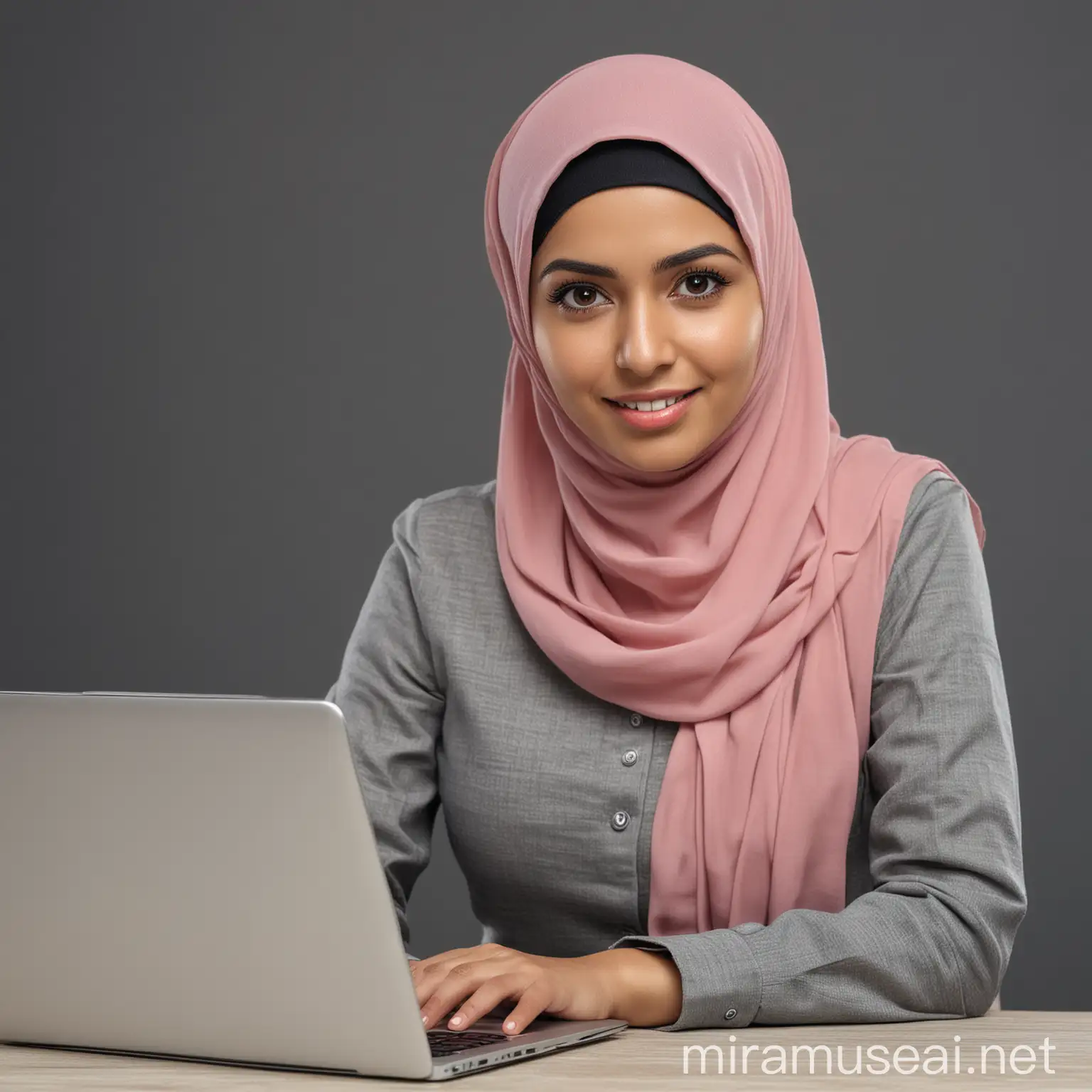 Draw an entrepreneurial Muslim women looking at the camera with a laptop in front of him and his features are realistic the picture from the front of his face
