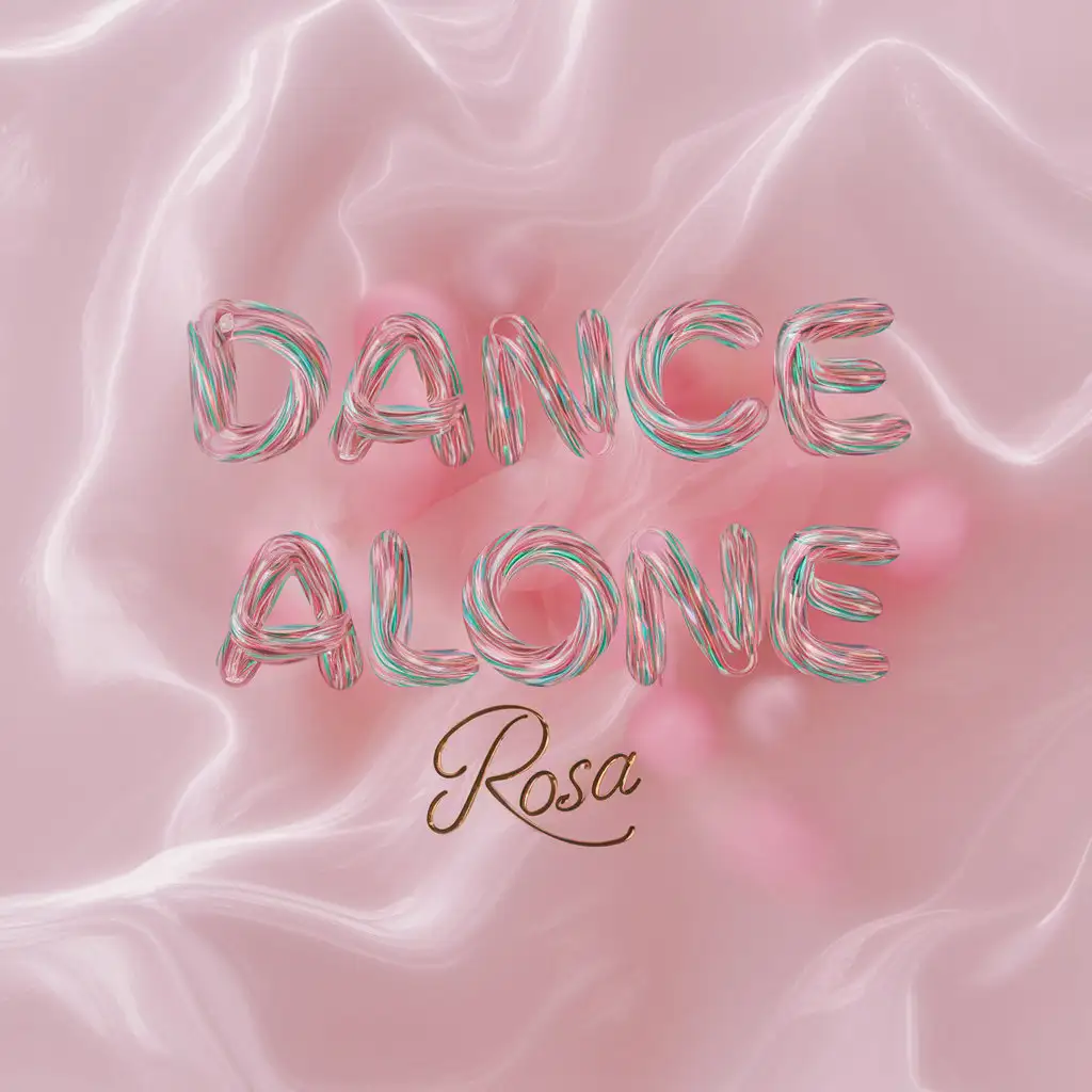 на светло-светло розовом фоне написано DANCE ALONE разноцветными переливающимися цветами в виде шариков а под буквами написано ROSA 