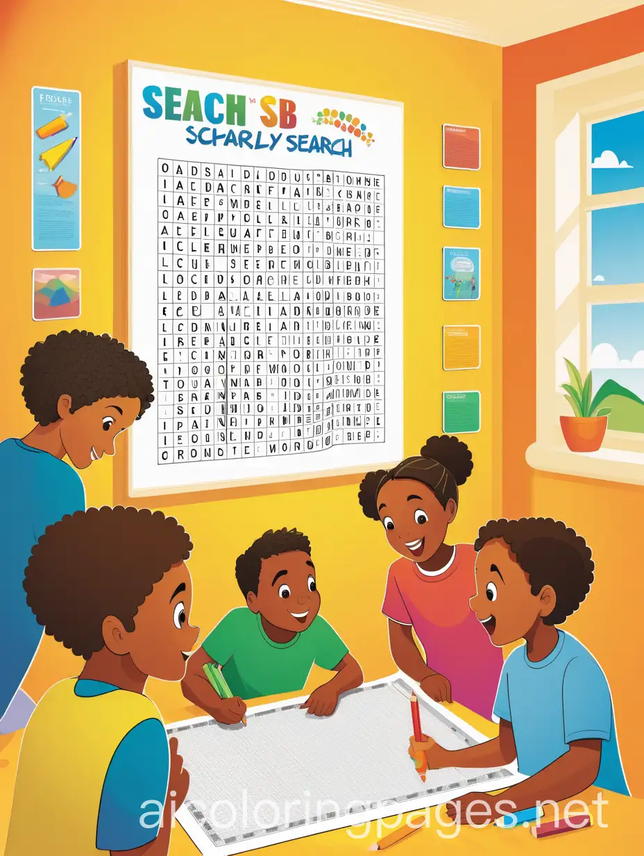 "Create an illustration of children excitedly searching for words on a large word search board, holding pencils and sheets of paper. The children are of various ages and ethnicities, dressed in casual and colorful clothes. Some children are standing while others are sitting, all focused and excited as they look for words on the board. The word search board is filled with letters, with some biblical words highlighted or framed to make them visible. Scattered around are pencils, sheets of paper with word searches, and colored markers. The background is a cozy, well-lit room with shelves full of books and decorations related to biblical themes. The focal point is the word search board in the center, with children around it, engaged in finding words. Use warm and vibrant tones to reflect a fun and educational atmosphere, and soft, natural colors for the children's clothes and the background. The style should be realistic and detailed, emphasizing excitement and concentration.", Coloring Page, black and white, line art, white background, Simplicity, Ample White Space. The background of the coloring page is plain white to make it easy for young children to color within the lines. The outlines of all the subjects are easy to distinguish, making it simple for kids to color without too much difficulty