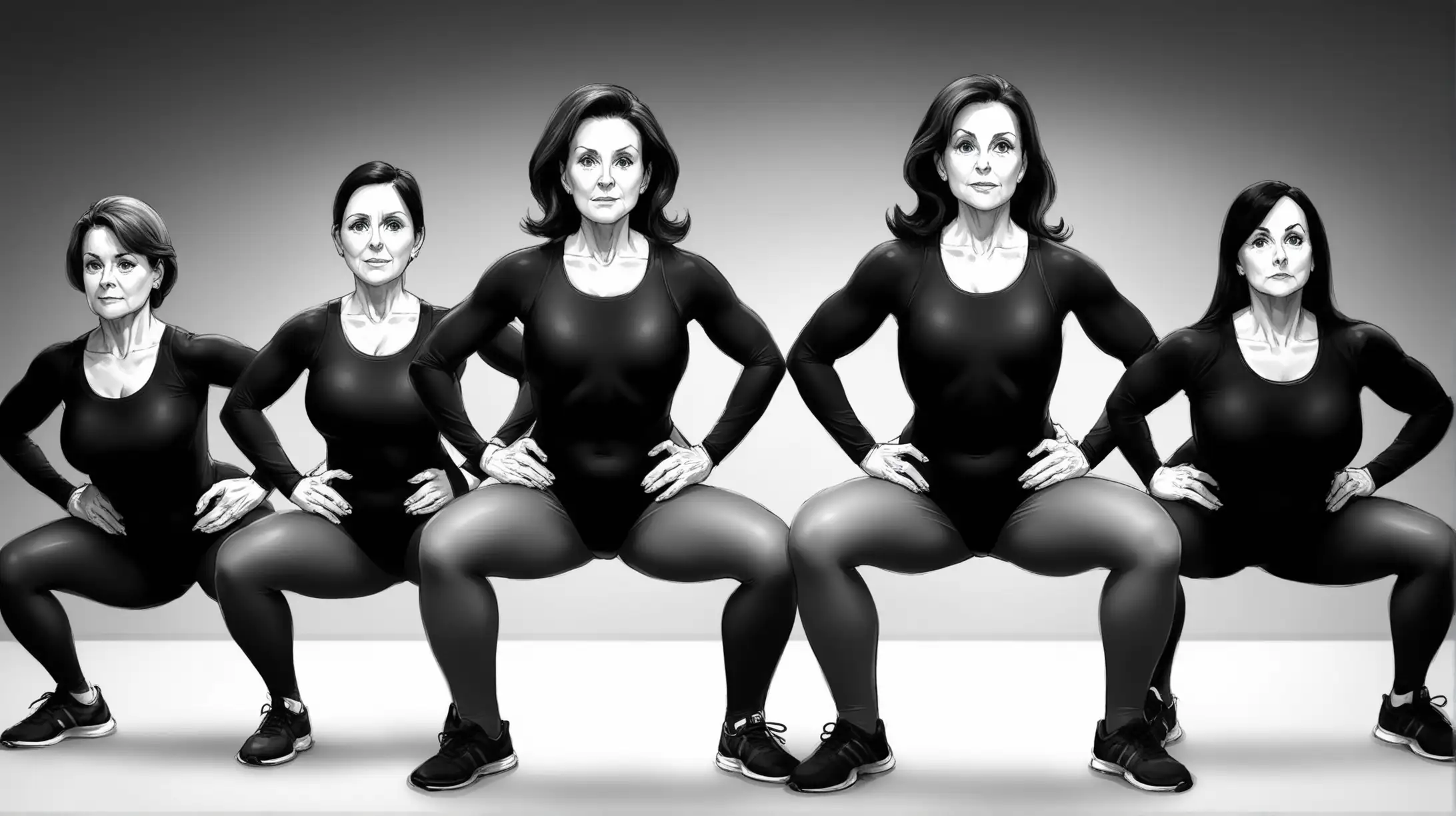 Mature Monochrome, Brunette Women, all wearing Black Full Sleeve High Cut Leotards, Gray Pantyhose, Hands on Hips, all doing Squats exercises.