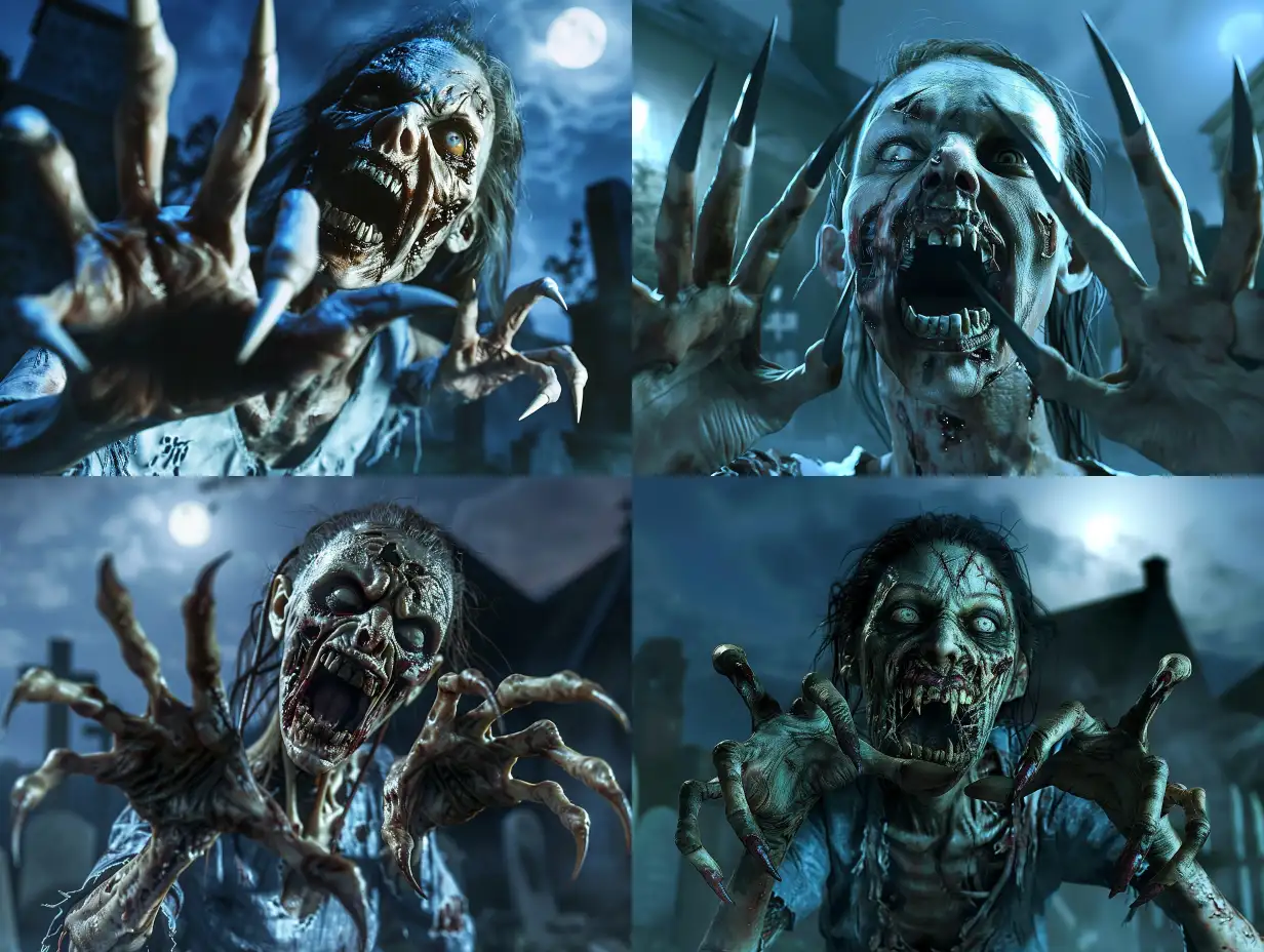 A photorealistic and horrifying nightmare scene of a female zombie with long pointed nails like claws protruding from each of the detailed and realistic human five fingers. The zombie's menacingly open mouth reveals pointed teeth like fangs, her eyes are vacant and devoid of any humanity, under atmospheric lighting in a full anatomical depiction. The night-time setting is very clear without flaws, exuding horror, photorealism, detailed texture, and a haunting atmosphere. The scene is set in an abandoned graveyard with moonlight casting eerie shadows, intensifying the creepy and terrifying ambiance. The undead female zombie's tattered clothing adds to the grotesque and spooky nature of the scene, creating an intense and unforgettable visual