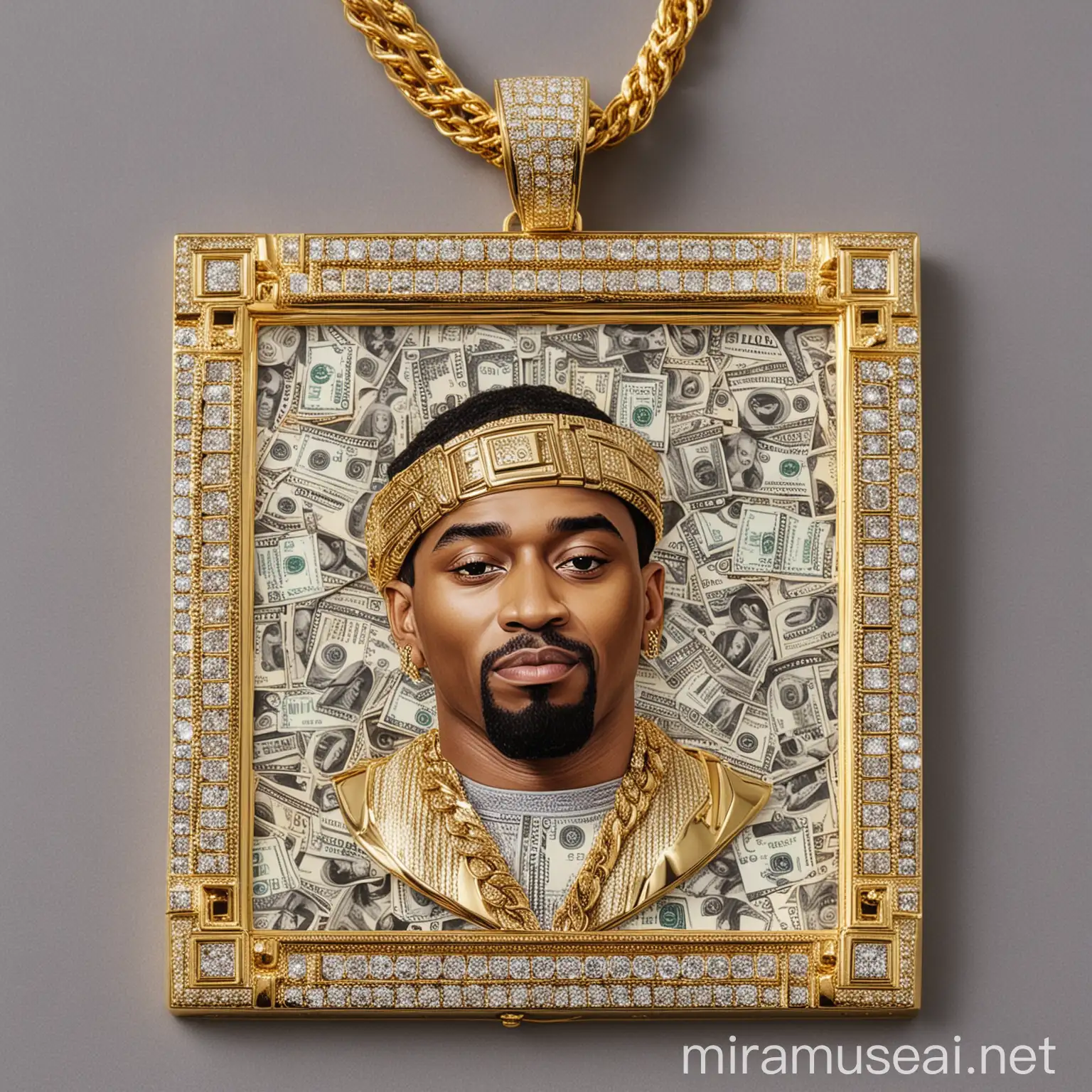 HipHop Portrait with Iced Out Golden Pendants in Square Dollar Frame