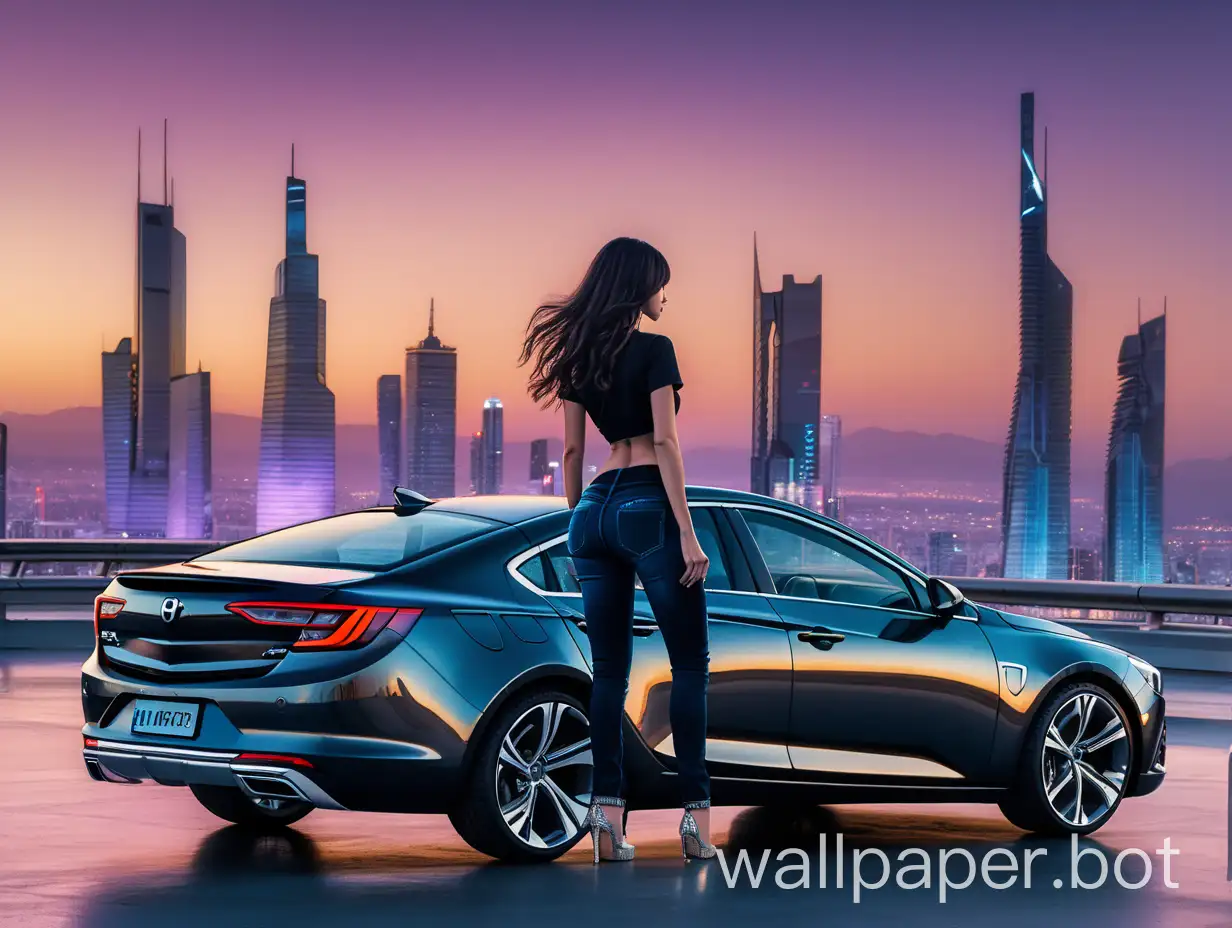 fuller shape woman with long darkbrown hair visible from the back (her face isn't visible), wearing black t-shirt with cleavage, jeans and high heels standing on the right side of a grey opel insignia grandsport car visible from the side. background is a futuristic city at sunset, synthwave style