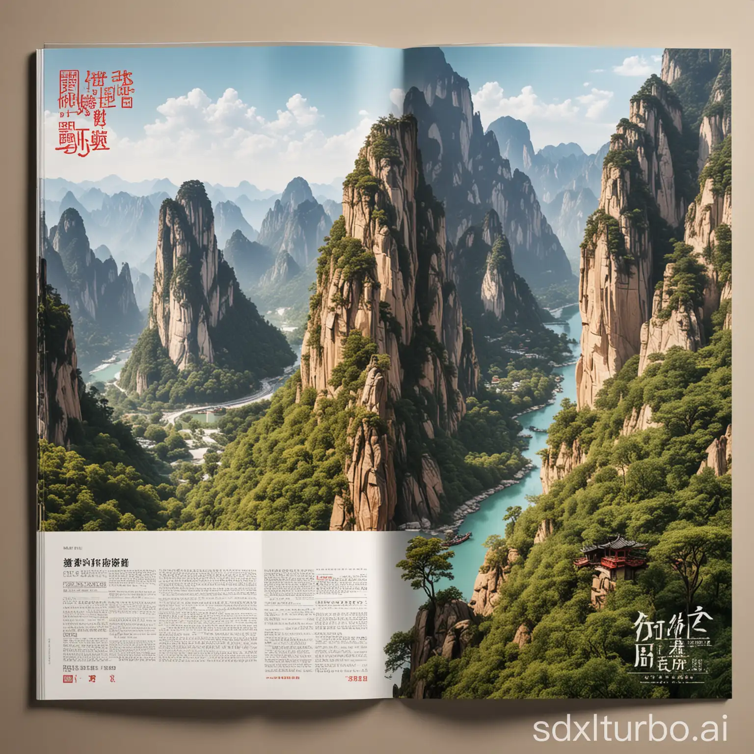 Create a magazine column cover; (1) the content features Huashan scenic spot, with characteristic of tourism attraction for the magazine cover work. (2) Design and create using Adobe Illustrator 2020 software, size 420mm (wide) * 285mm (high), resolution 300dpi, color mode CMYK. (3) Includes Adobe Illustrator 2020 source file (.ai).