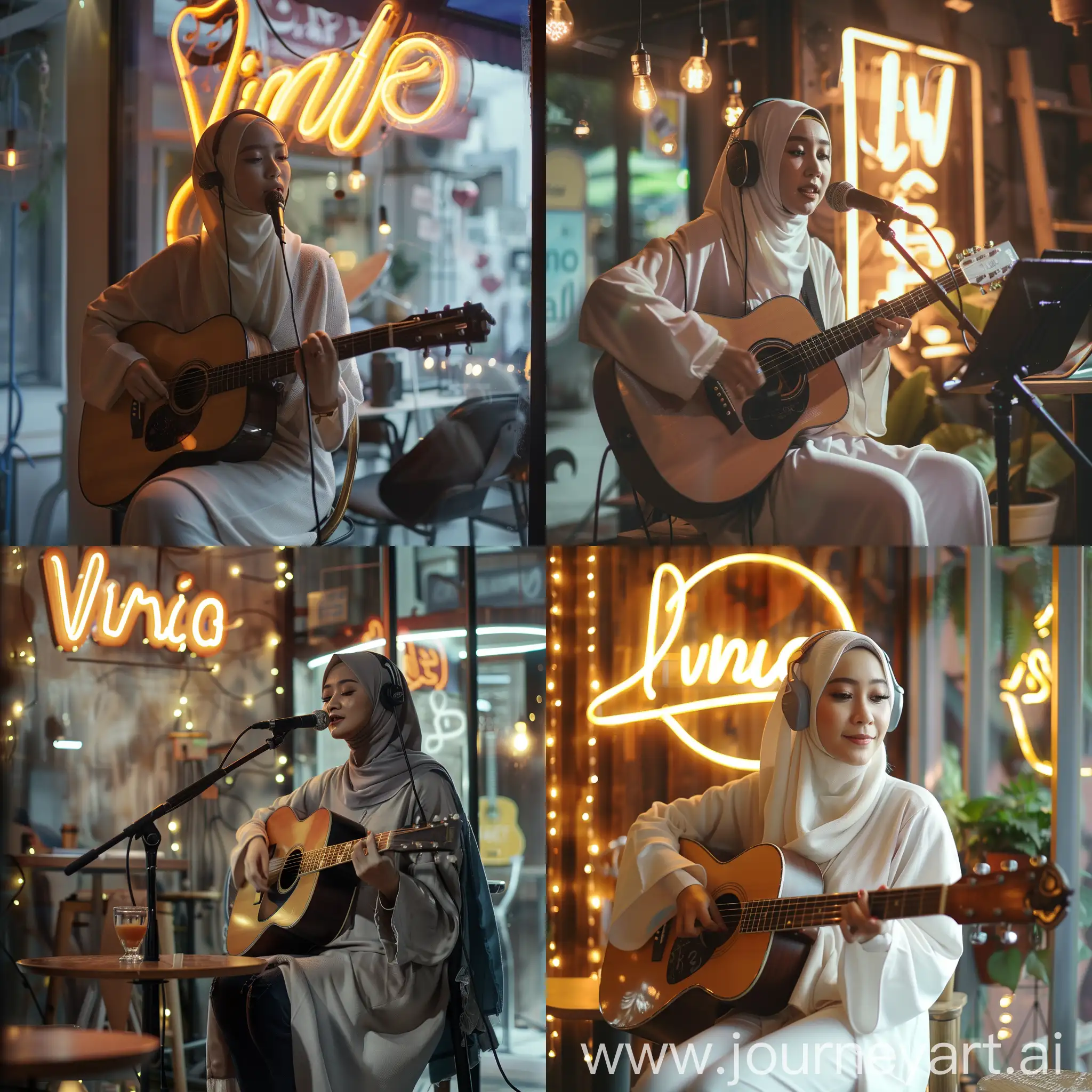 A beautiful Indonesian hijab woman 20yo sitting on the chair perform music in the coffee shop playing an accoustic, wearing a headset and white long hoodie named 'VIRGO', the background is the wall with neon led 'live music' --v 6 --ar 1:1 --no 71996