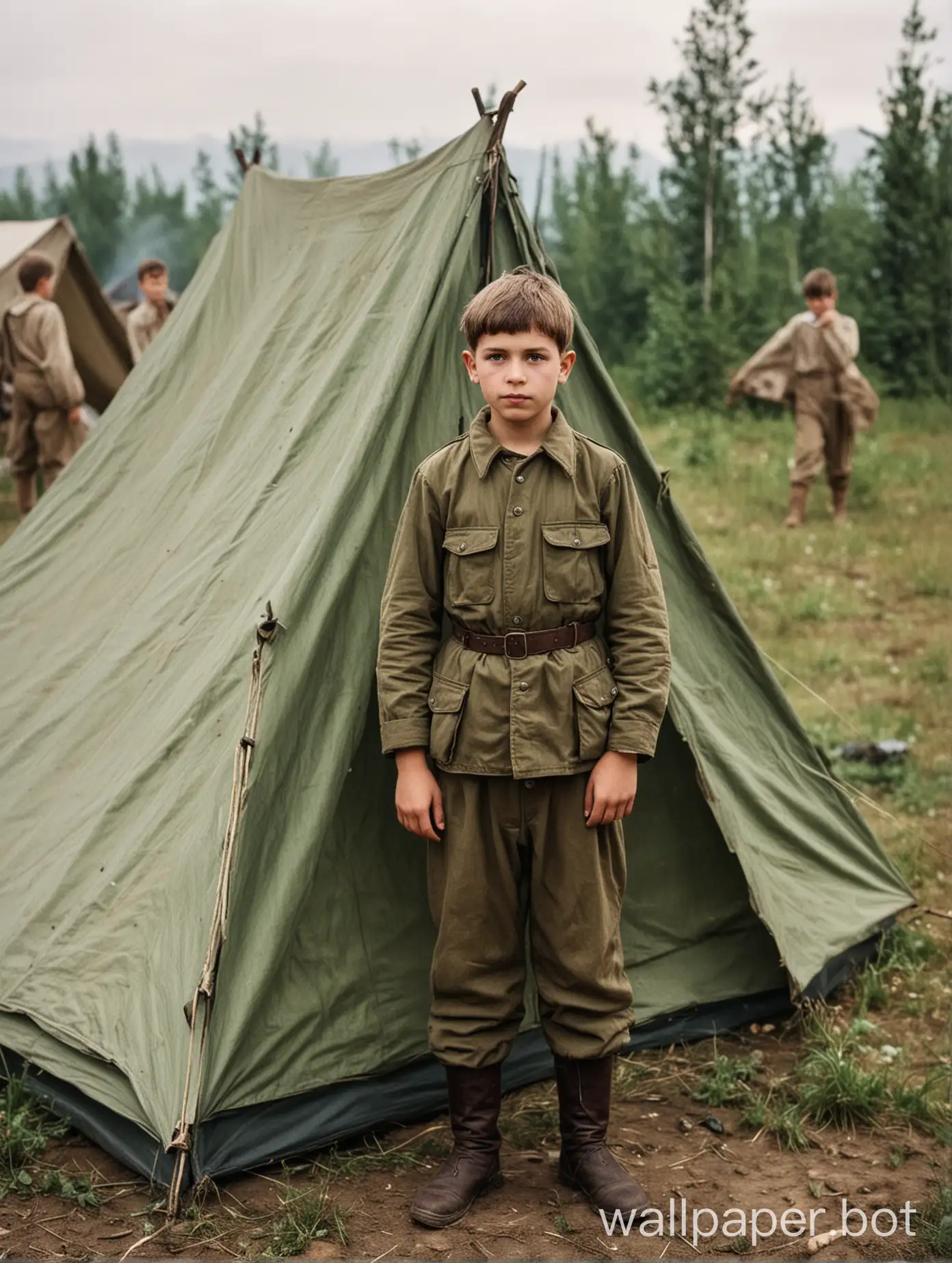 Soviet pioneer boy 13 years old, tent, full length, people in the background