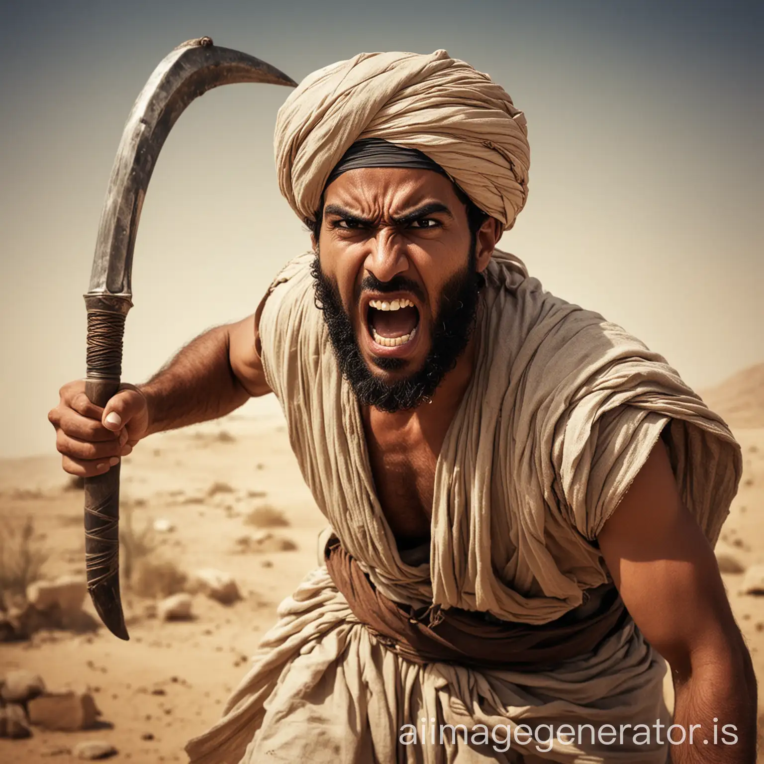 Angry Middle Eastern Man with turban, shouting angrily, carrying a scimitar. 3000 BC.