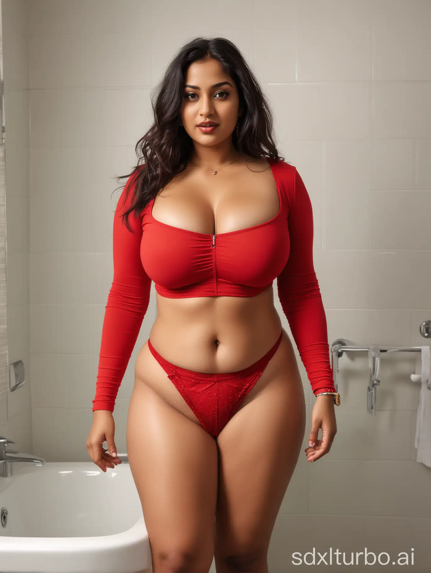 CURVY Indian woman with large breasts, with plump feminine figure, wearing a tight long-sleeved red square neck cropped top with deep cleavage and red thong, with a busty body, is standing in the bathroom.