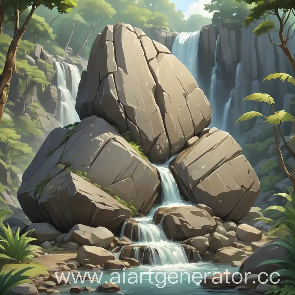 Cartoon-Big-Stone-by-a-Waterfall-Serene-Nature-Landscape-Illustration