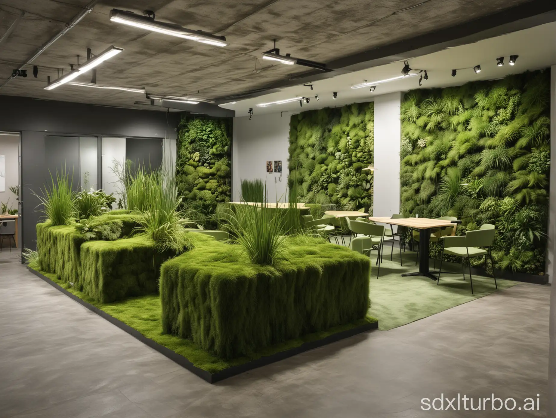 office for landscape design studio. medium-sized, bright, in green tones. various design elements in the form of grass, moss. separate waiting zone, separate place for designer and clients, reception at the entrance. there is a stand with sample projects of landscape design