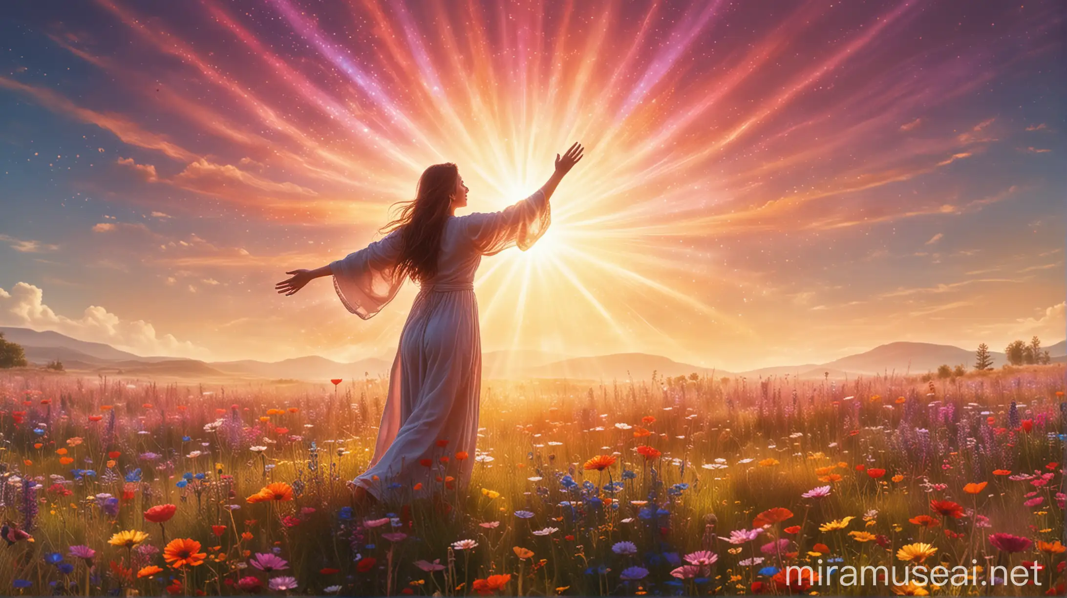 Mystical Woman Embracing Sunlight in Vibrant Meadow