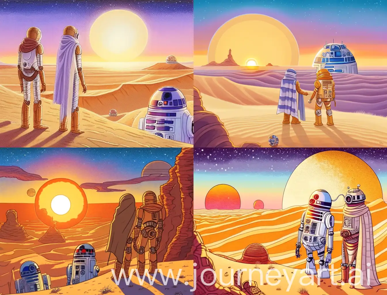 Anime-style illustration of R2-D2 and C-3PO, standing on the desert planet Tatooine, watching the twin suns set on the horizon. They wore linen shawls, with a thoughtful expression. The background includes the vast desert landscape, sand dunes, and the glowing twin suns in the sky. In the style of Studio Ghibli, with vibrant colors and detailed character design. Dynamic lighting and atmospheric effects.
