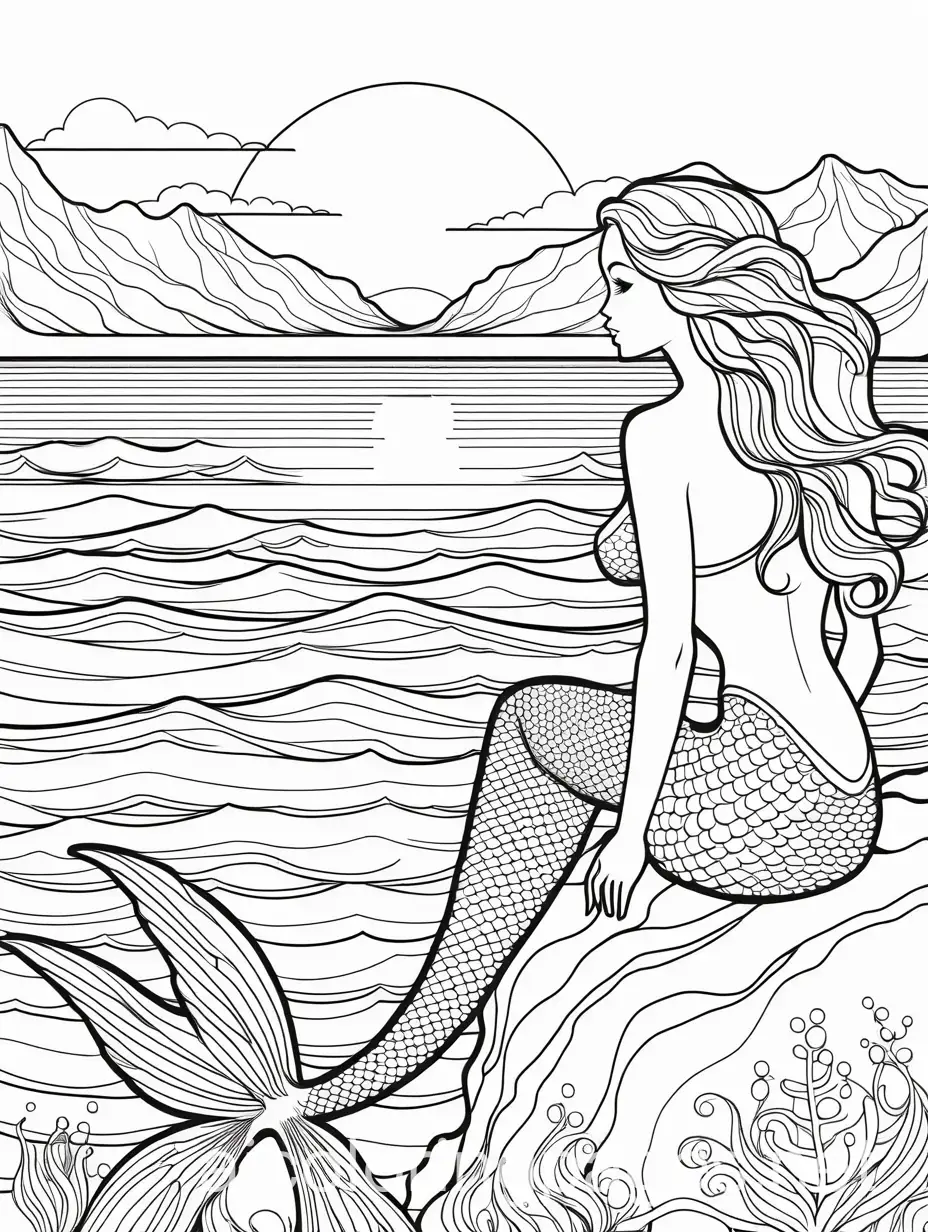 A mermaid watching a beautiful sunset from the shore., Coloring Page, black and white, line art, white background, Simplicity, Ample White Space.