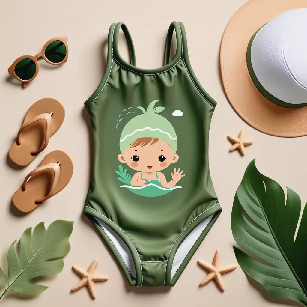 Adorable Babys Green Swimsuit Earthy Theme