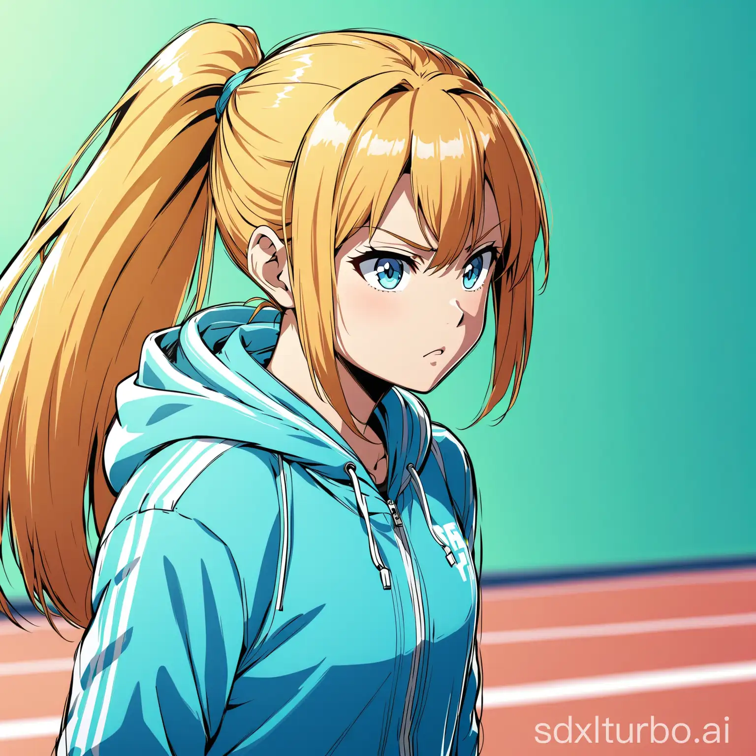 make images of a scandinavian thin low stature blonde teen girl, with frizzy long hair, with bangs and pony tail, blue eyes, with grey-violet university jacket, doing gym exercises, serious face, Tatsuji Fujimoto's anime style