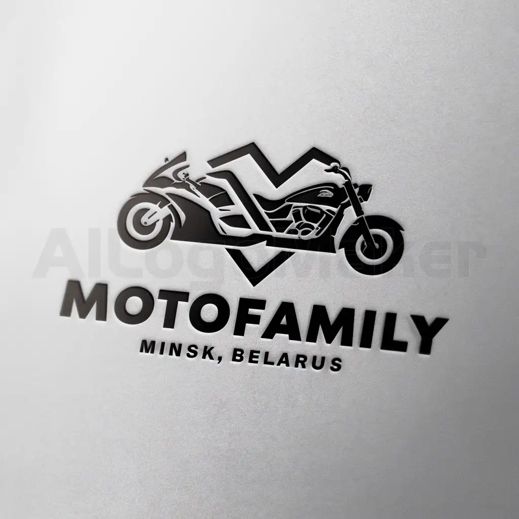 a logo design,with the text "Motofamily, Minsk Belarus", main symbol:a logo design,with the text 'Motofamily, Minsk, Belarus', main symbol:Two motorcycles, one sporty, the second a cruiser, in the form of an emblem plus trips,complex,be used in Journeys industry,clear background,Moderate,be used in Travel industry,clear background
