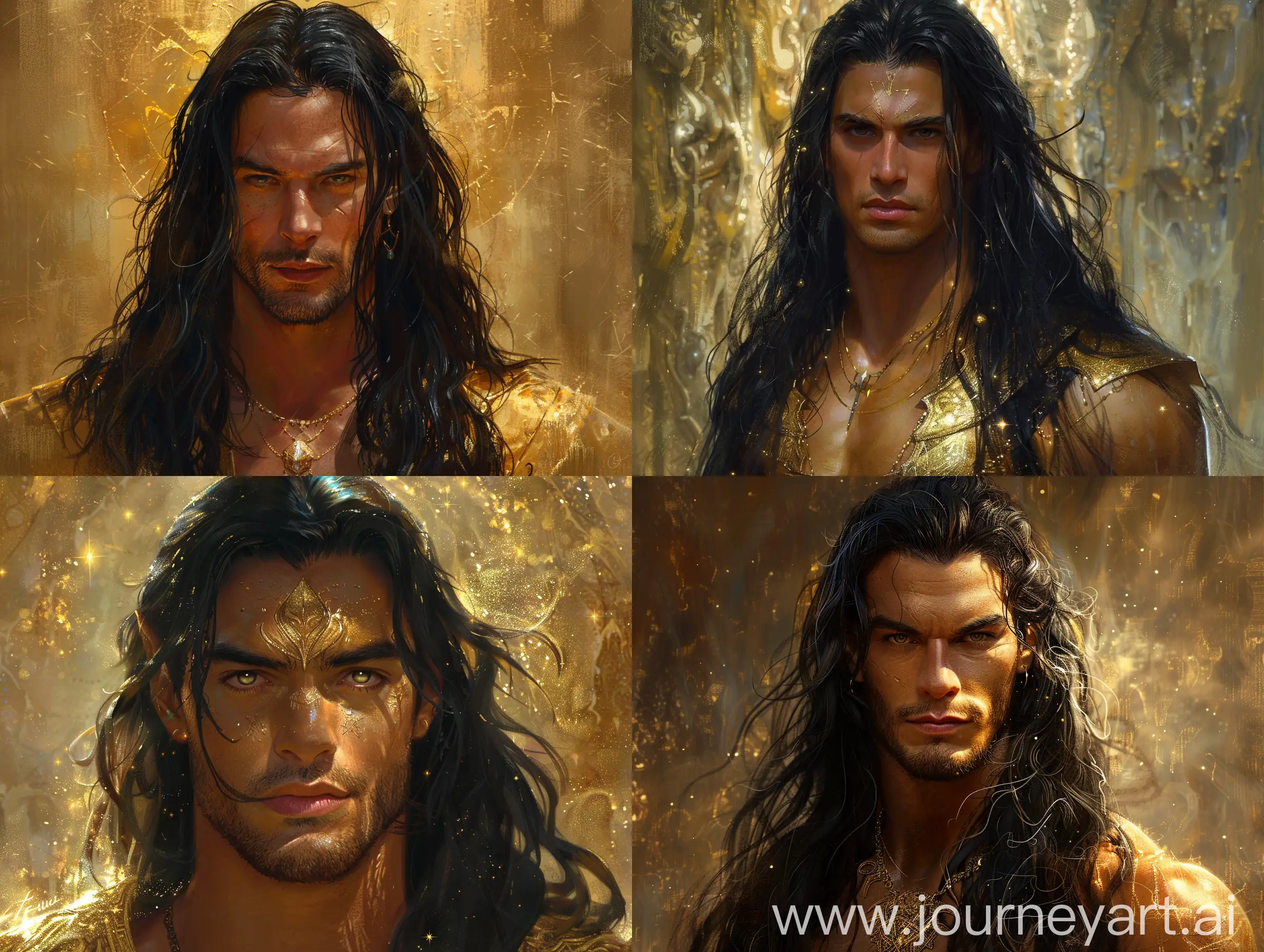 Subject: a king of gods of unnatural power and beauty as a figure beyond normal divinity; bronze tanned golden skin, long glossy black hair darker and more beautiful than the stars in the universe, eyes that shine with the power and weight of infinite multiversal timelines, beauty and facial structure and power that is too beyond mortal words, muscular and beautiful. 
 Setting: in a realm beyond words, a realm of gold snd beauty for the feet of gods alone.  
Style/coloring: extremely realistic painted realism, detailed digital painting concept art, detailed paiting by gaston bussiere, craig mullins A mystical, dreamlike portrait in a cinematic style, Ed Emsh, Virgil Finlay, Norman Saunders, Hubert Rogers, Earle Bergey, Kelly Freas --upbeta --s 250