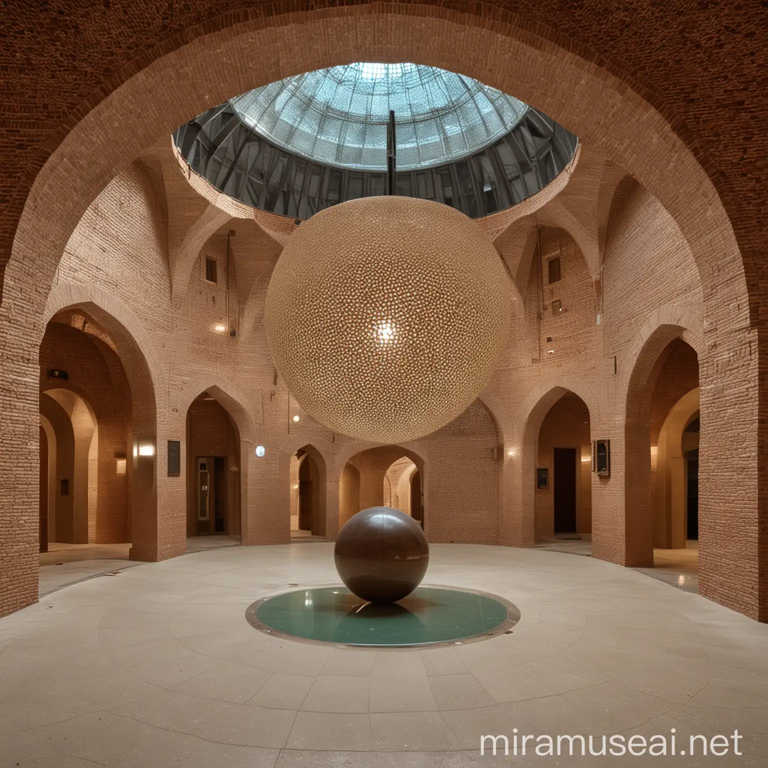 sphere interior, night, sphere architecture, museum, lobby, closed ceiling, brick material, no glass ceiling, iranian architecture, architecture maquette in the middle