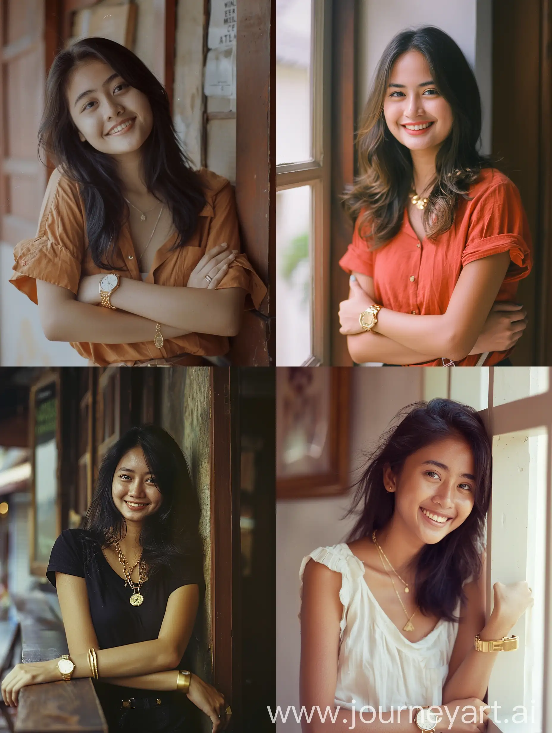 wanita cantik Indonesia bersandar di dinding, senyum , sinematik, 7mm, biji-bijian film, jam emas, suasana hangat 