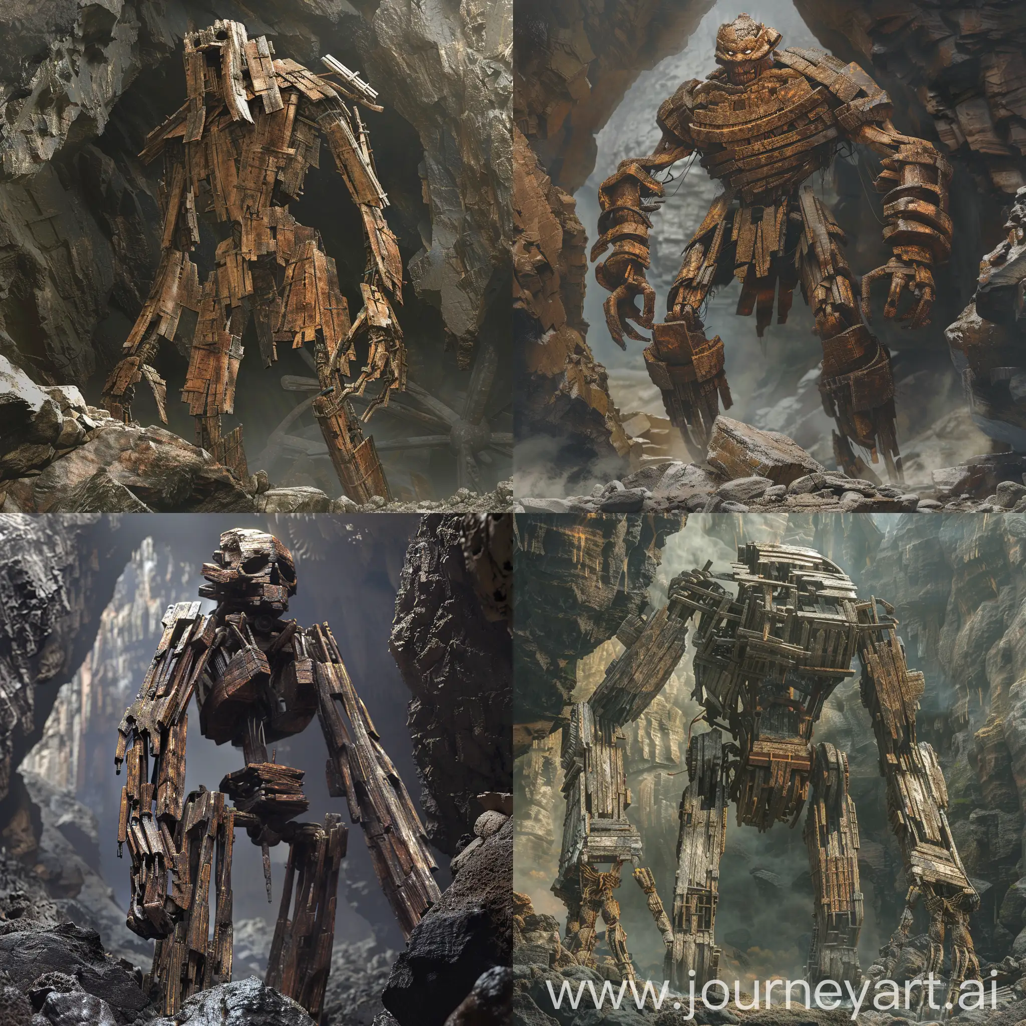 A golem created from the remains of wooden ships stands in a volcano cave.