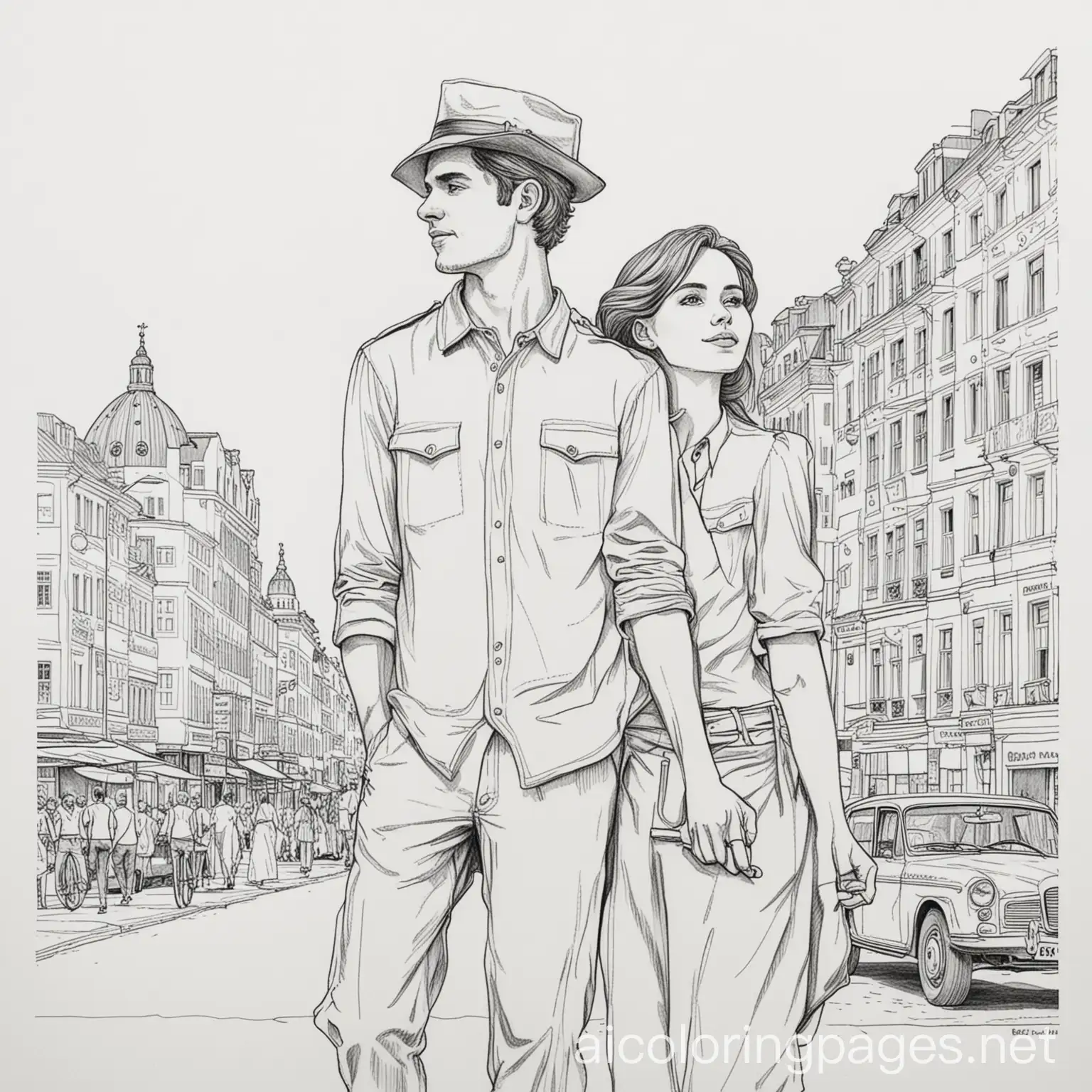 Man and Woman in Berlin Germany, Coloring Page, black and white, line art, white background, Simplicity, Ample White Space. The background of the coloring page is plain white to make it easy for young children to color within the lines. The outlines of all the subjects are easy to distinguish, making it simple for kids to color without too much difficulty