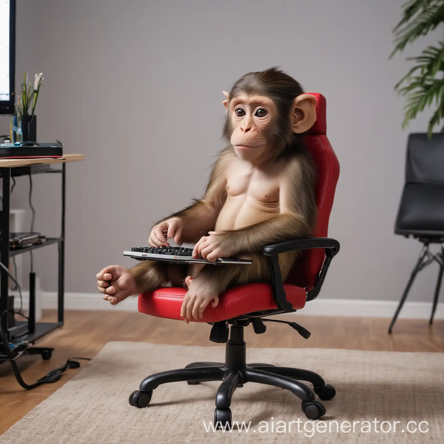 маленькая обезьянка в комнате сидит на игровом кресле за своим нотубуком и играет на нем в игры