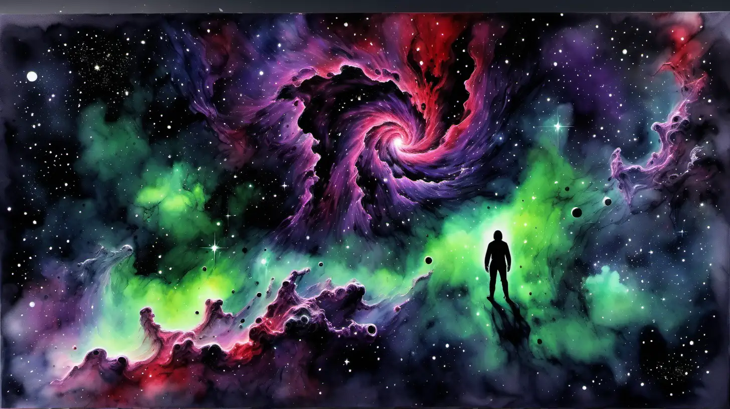 wide shot of a Nebula in deep space, vibrant green purple and crimson neon colors, millions of stars and black void, abstract black skeletal black holes, far away a lone astronaut in black suit floating into a black hole, watercolor