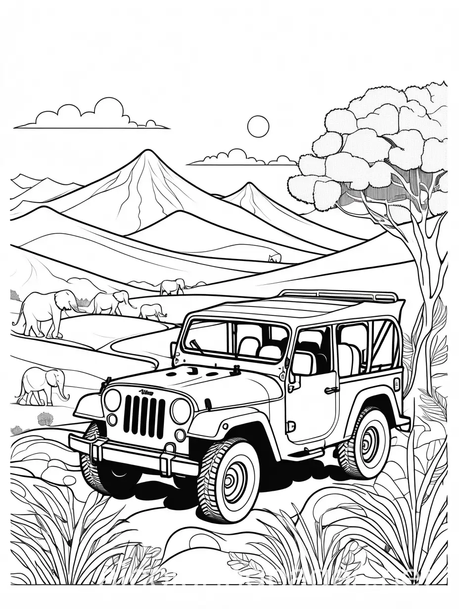 a lively safari scene with a jeep. Include animals like lions, zebras, elephants, and giraffes, with acacia trees, Lineart kawaii style, minimalist style, white background, full body, image, adult coloring book style on white background, well composed, clean coloring book page, no dithering, no gradient, strong outline, no fill , no solids, vector illustration, simple for children, no red, no colors, white background., Coloring Page, black and white, line art, white background, Simplicity, Ample White Space.