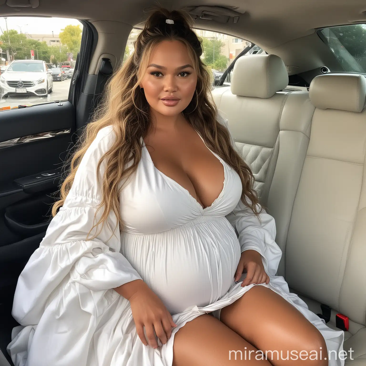 Pregnant Chrissy Teigen in White Outfit with Voluminous Hair