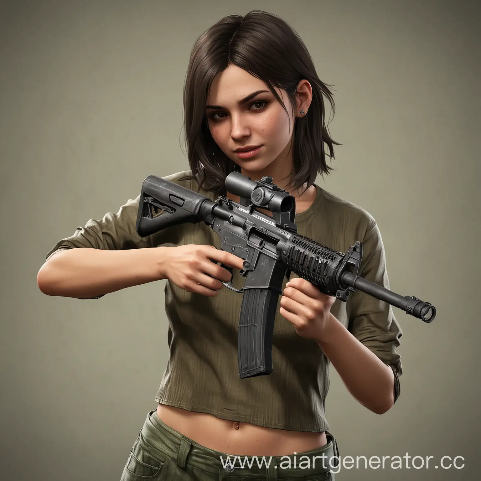 Girl with loose hair holds M416 with two hands, GTA 5