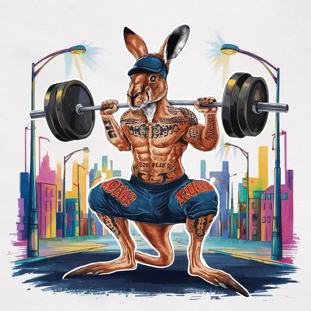 Vector, Colourful Surreal Dreamscape, Graphic T-Shirt Design. Round Design, Bold Outlines.  Watercolour.

Portrait of a muscular kangaroo wearing clothes with tattoo's lifting weights.  Set in a city side street. Isolated on a White Background.