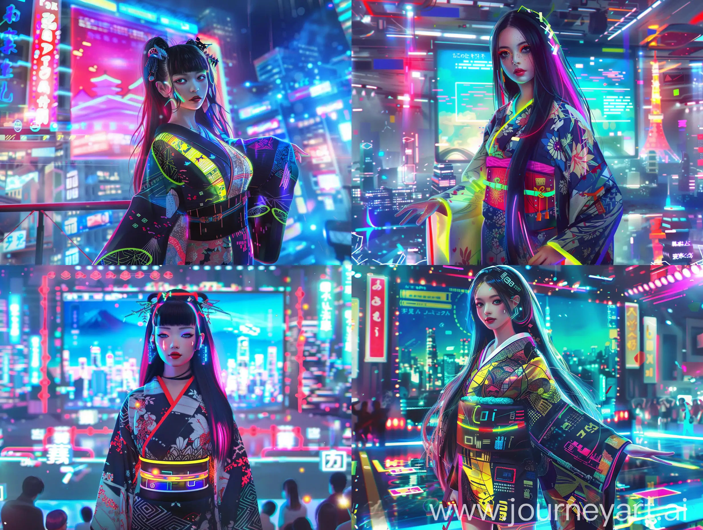 Create an image of a near-future Japanese idol. The idol is a young woman in her early twenties with a stylish and futuristic appearance. She has long, sleek, dark hair with subtle neon highlights that change color. Her outfit is a blend of traditional Japanese fashion and advanced technology, featuring a modernized kimono with glowing patterns and integrated tech accessories. She stands confidently on a stage with a vibrant holographic backdrop, surrounded by futuristic cityscapes and advanced digital screens displaying her name and animated graphics. Her makeup is bold and accentuates her high-tech, chic look. The overall atmosphere is lively and energetic, with bright lights and a cheering crowd. The idol exudes a charismatic and innovative aura, symbolizing the fusion of tradition and future.