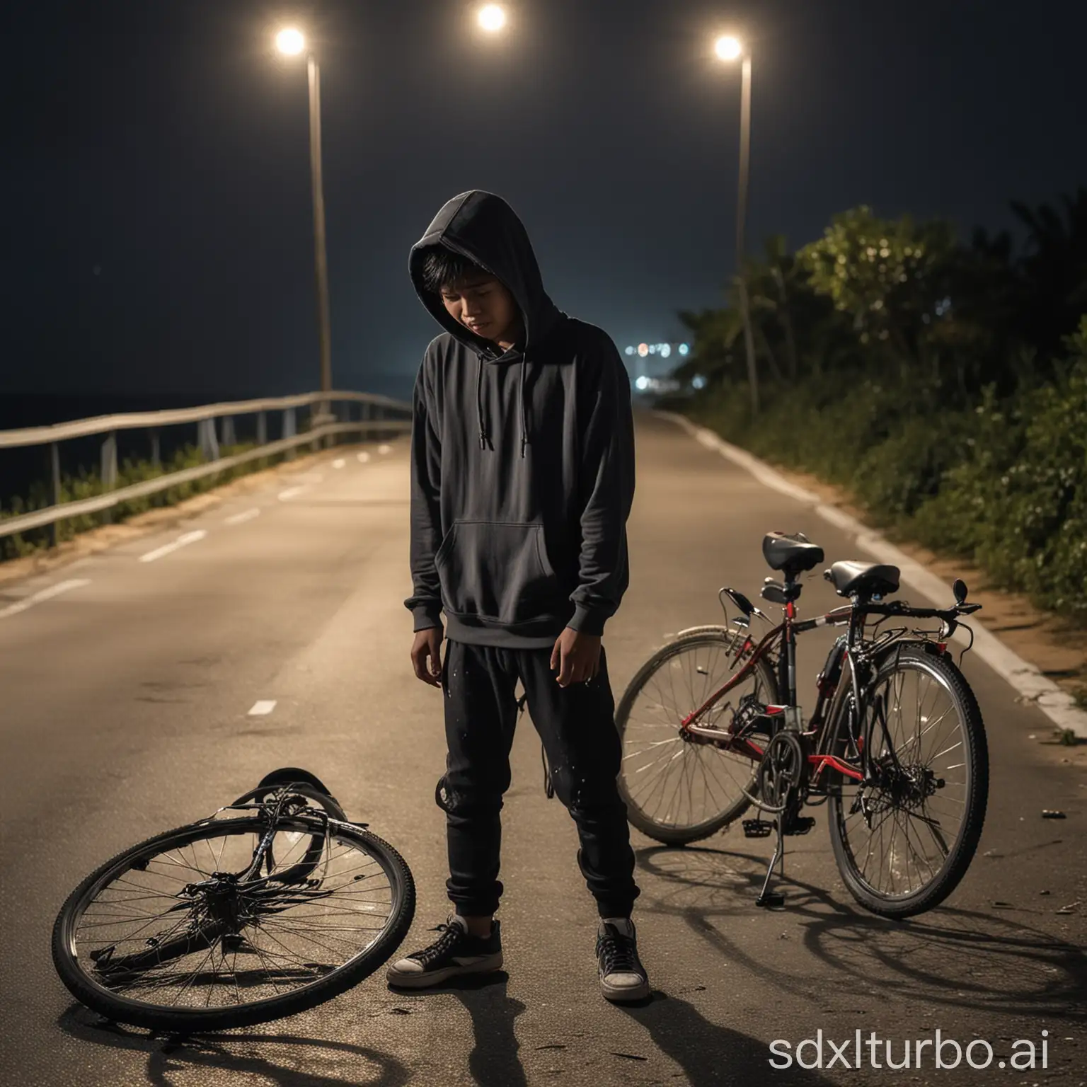 malay teenager boy wearing hoodie and long pants, crying on the road after having a small accident with his bicycle, the background is a road and a beach in night