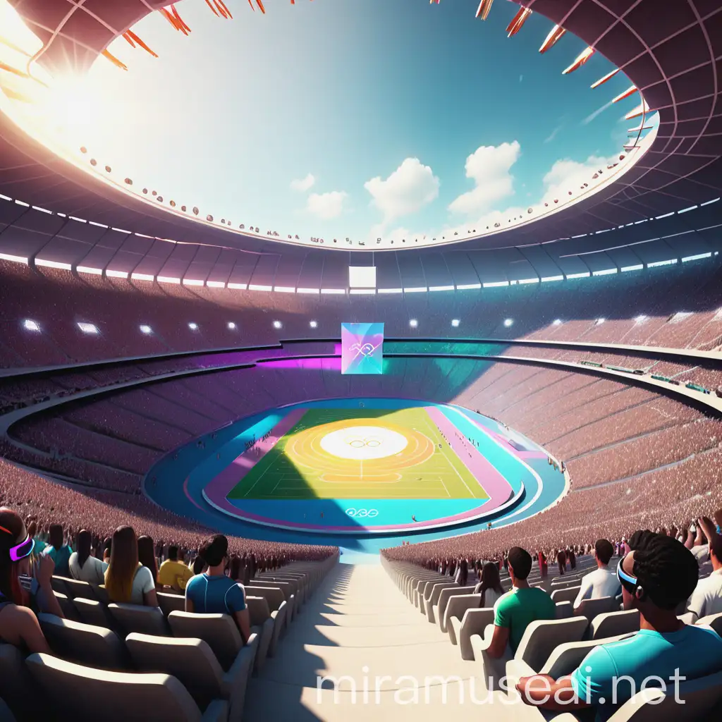 Futuristic Coliseum stadium hosting the 2028 Summer Olympics, seat view filled with people wearing AR glasses and facing the field, Editorial Photography, Cinecolor, 4k, Happy, Excited, Flare