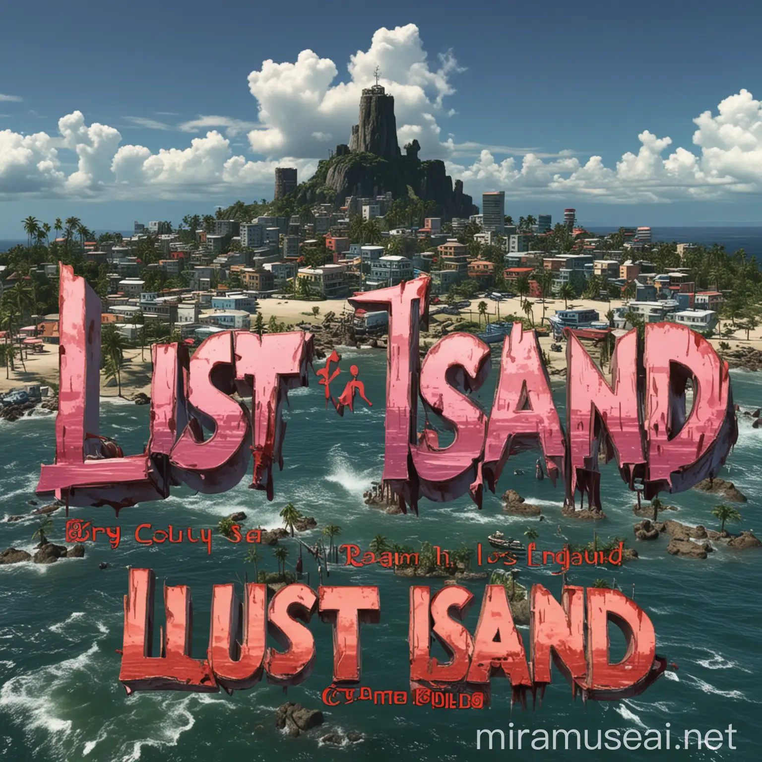 A lusty Island City in the background and a title name as “LUST ISLAND”