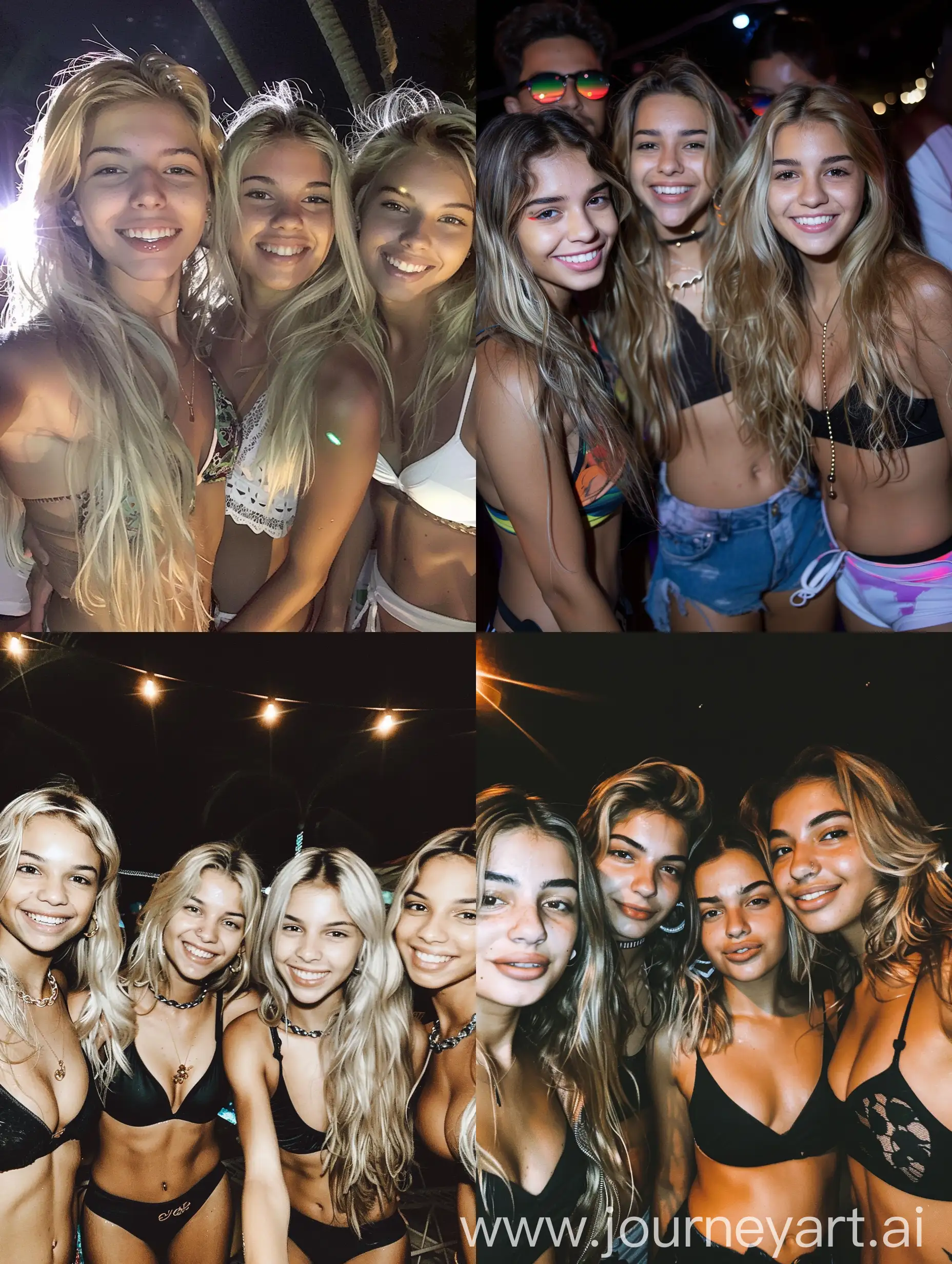 4 brazilian  girls, 19 years old, blond hair, at the party, at night, flash, flash light, , makeup, beauty, attractive, fitness