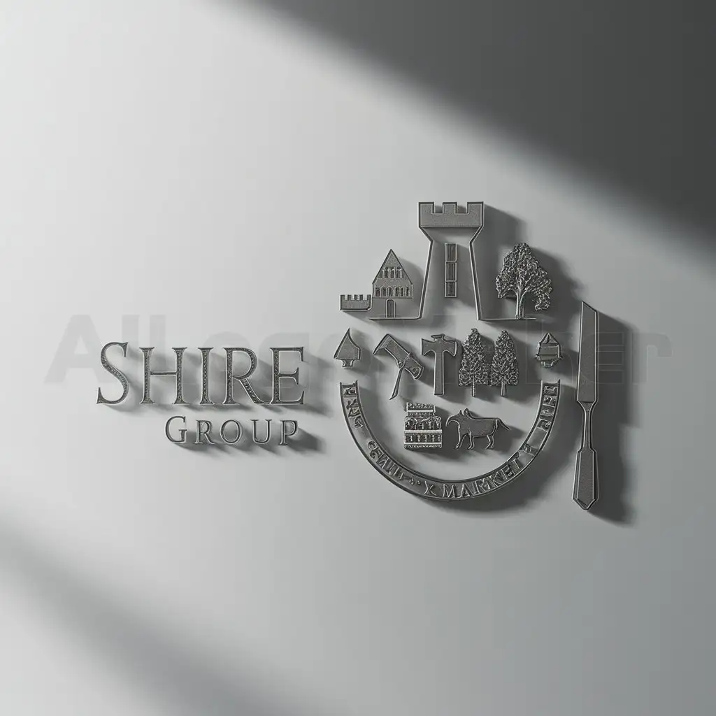 a logo design,with the text "Shire Group", main symbol:castle, tower, shield, tree, livestock, market, medieval or renaissance fonts and styles, fantasy fiction stories, hammer, chisel,Minimalistic,be used in Construction industry,clear background