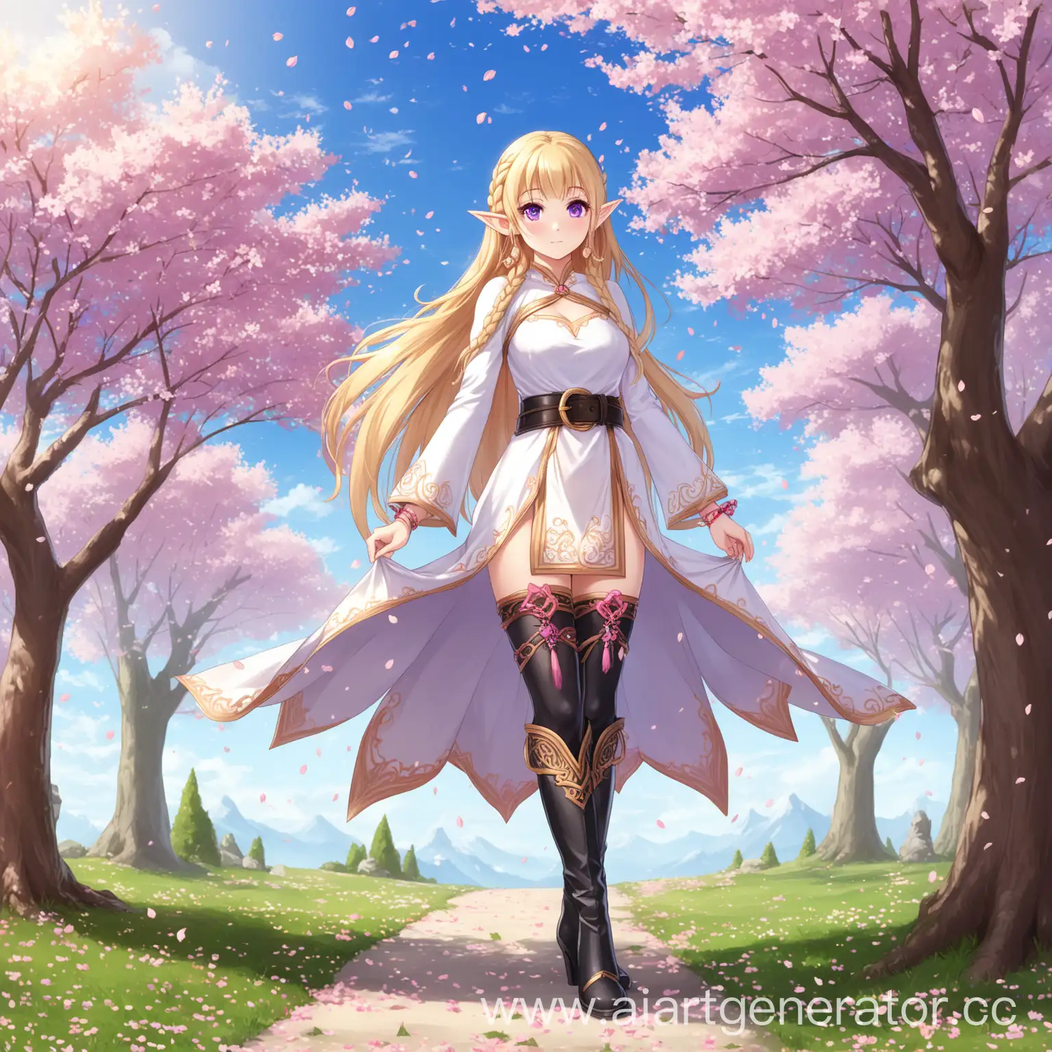 1girl, belt, black footwear, blush, boots, braid, closed mouth, dress, earrings, jewelry, long sleeves, pelvic curtain, thigh highs, bangs, blonde hair, blue sky, blush, bow, bracelet, breasts, purple eyes, elf, pointy ears, cherry blossoms, day, full body, long hair, looking at viewer, outdoors, petals, sky, solo, standing, tree