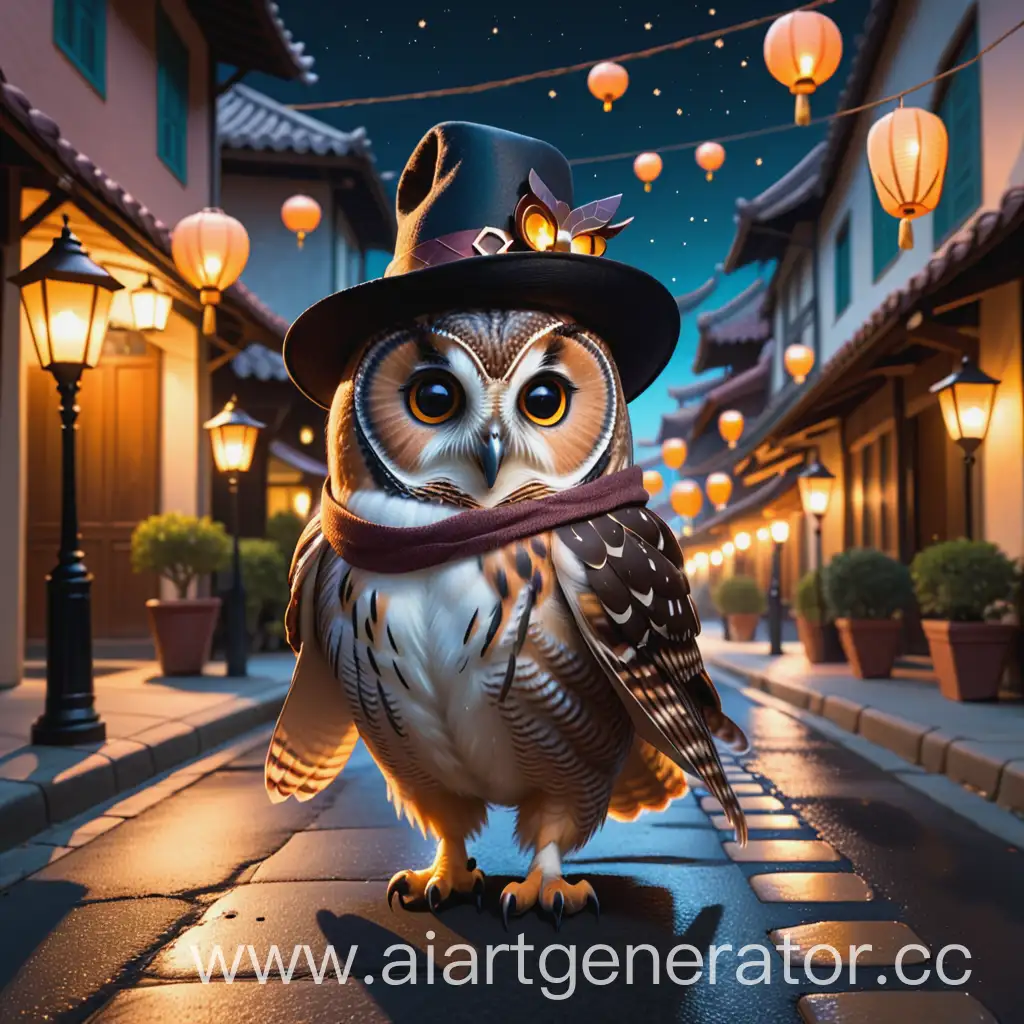 Night-Scene-Owl-Strolling-Down-Lit-Street-in-a-Hat