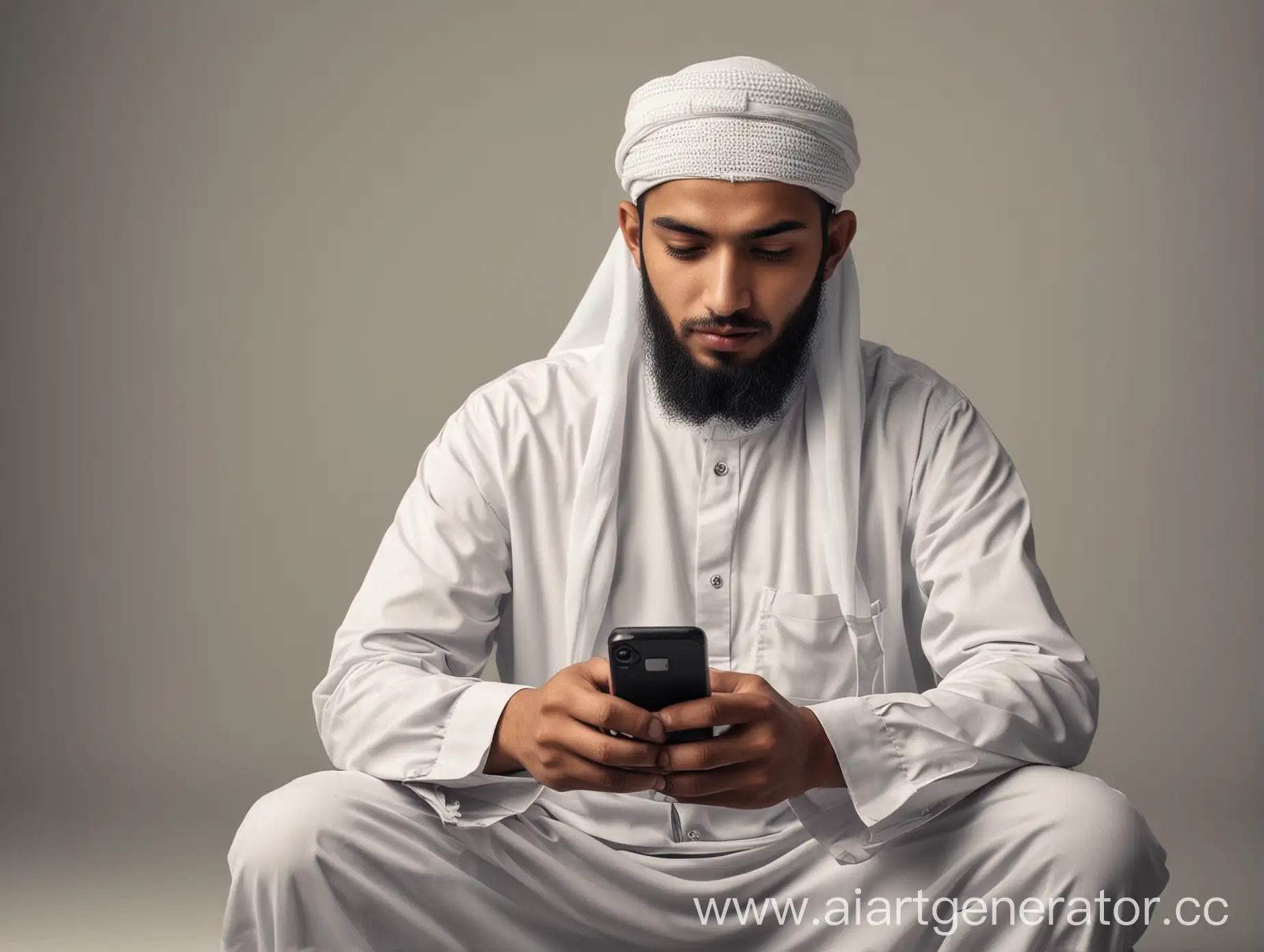 Имам мусульманин с телефоном сидит в социальных сетях
