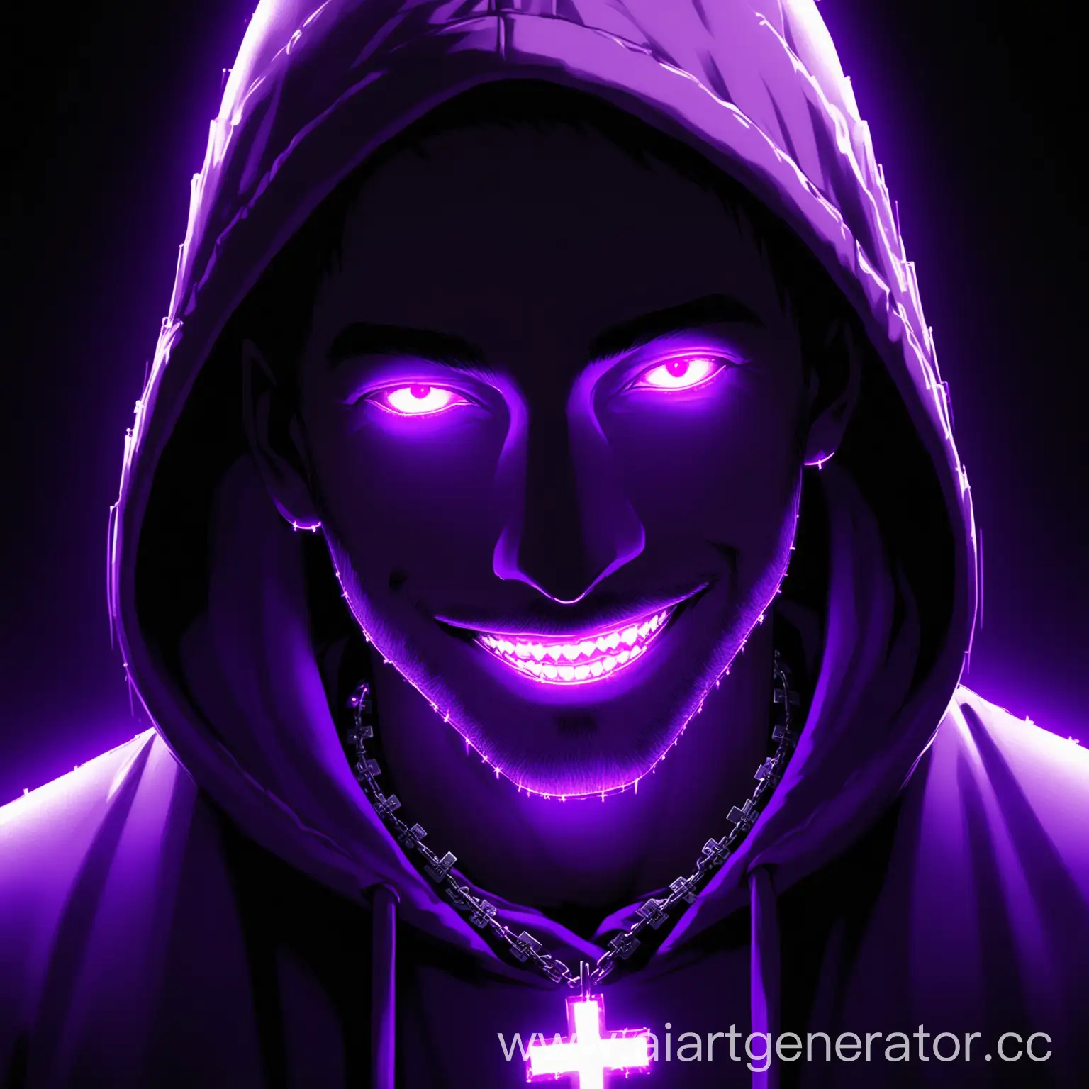 Mysterious-Hooded-Figure-with-Glowing-Purple-Cross-Eyes-and-Smile