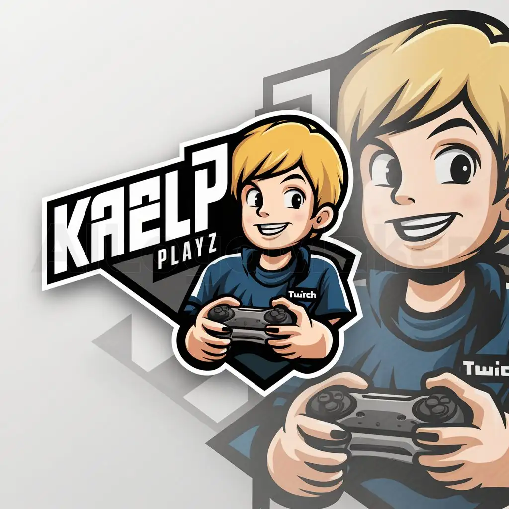 a logo design,with the text "KaelPlayz", main symbol:a blond boy on twitch holding a contoller anime style,Moderate,be used in Entertainment industry,clear background
