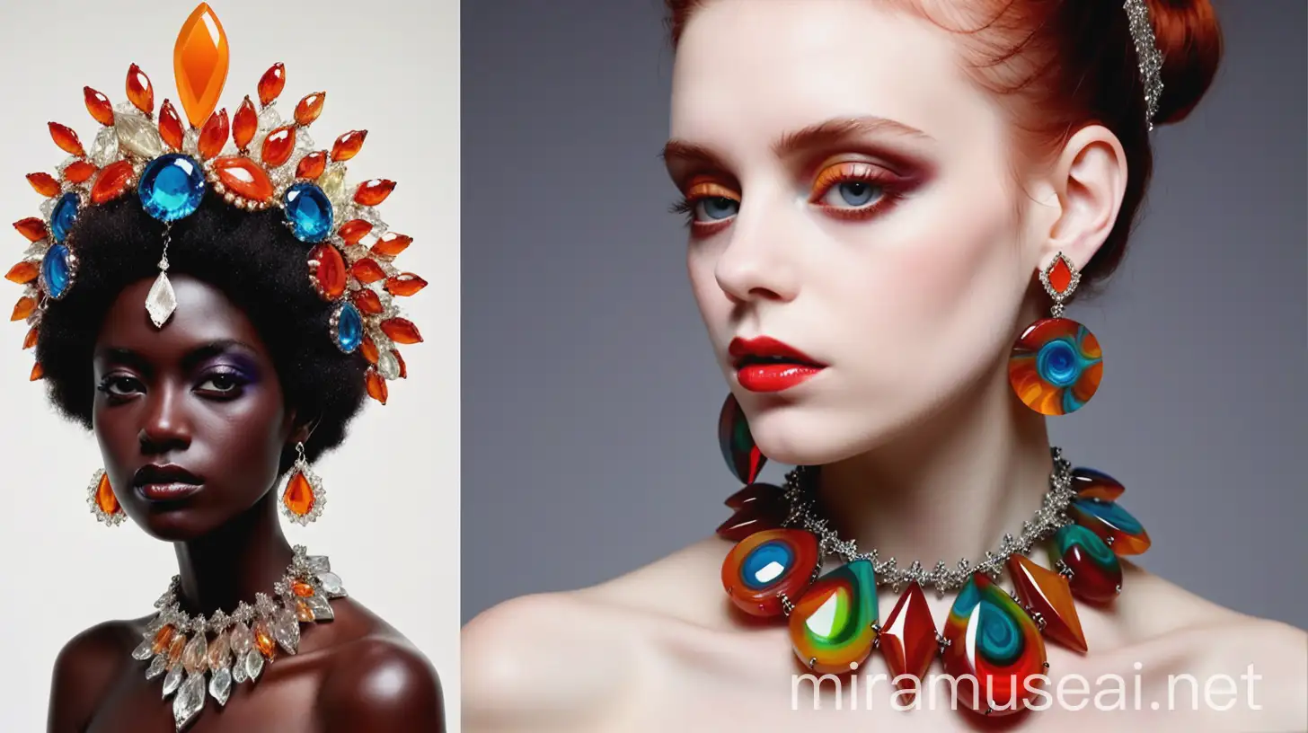 give to images of a lady wearing jewelry which is of resin jewelry and let it be funky
